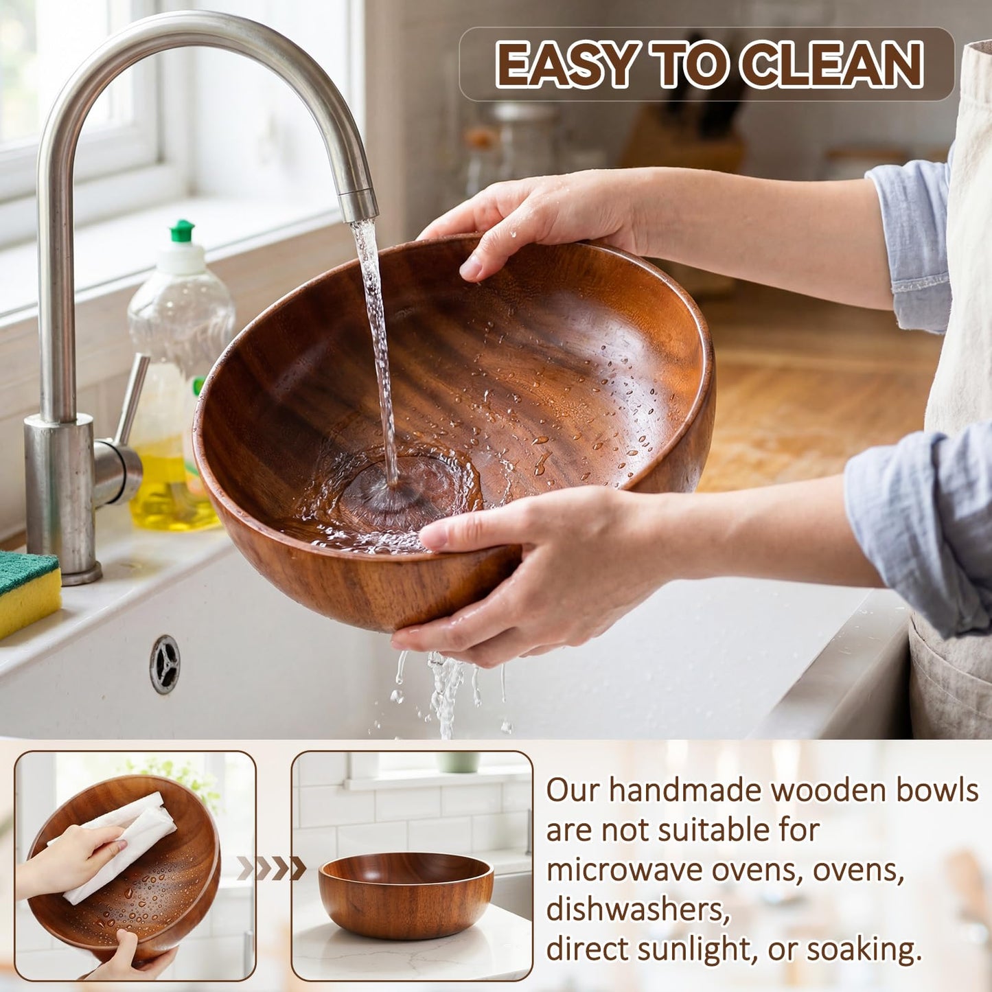 Hushee 5 Pcs Acacia Wood Salad Bowl Set 4.7" 6.3" 9.5" Wooden Mixing Bowls with 2 Wooden Hands Large Wood Serving Bowl with Serving Utensils for Kitchen Fruits Cereal Corn Flake Pasta Gift Giving