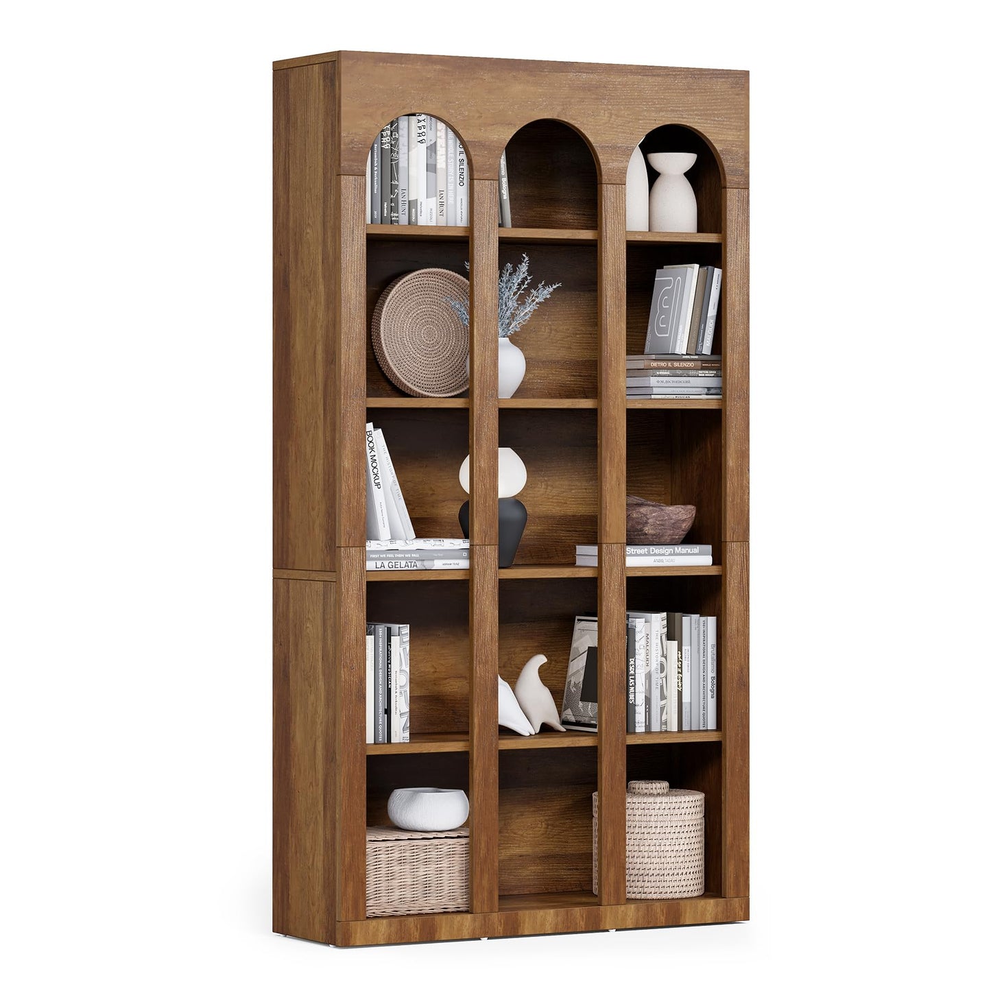LITTLE TREE 5-Tier Bookshelf, 70.8-in Tall Bookcase with Open Shelves, Wooden Display Bookshelves and Bookcases, Vintage Display Book Shelf for Bedroom, Living Room, Office, Brown