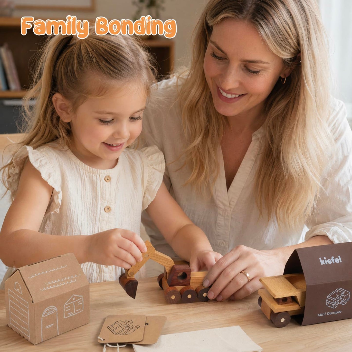 kienvy Wooden Toy Cars for 3 Year Old Boys & Girls - Construction Vehicles Set Push Toys for Toddlers, Wood Montessori Car with Rolling Wheels, Natural Wood Toys (Excavator & Dump Truck)