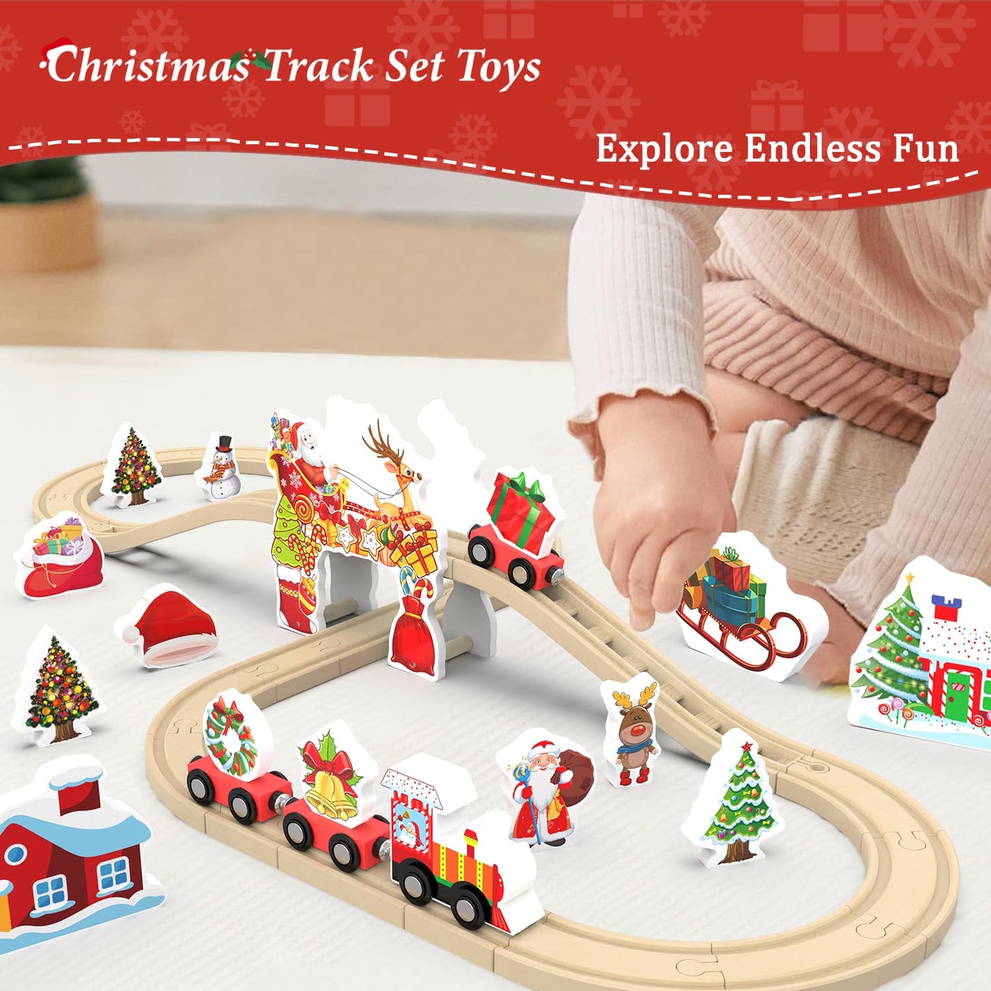 Wooden Train Set, Train Track for Toddlers 3-5, Wooden Tracks Kids Girls Boys Toys, 42Pcs Trains Toy Set for 3 4 5 6 Year Old Compatible with Thomas, Brio