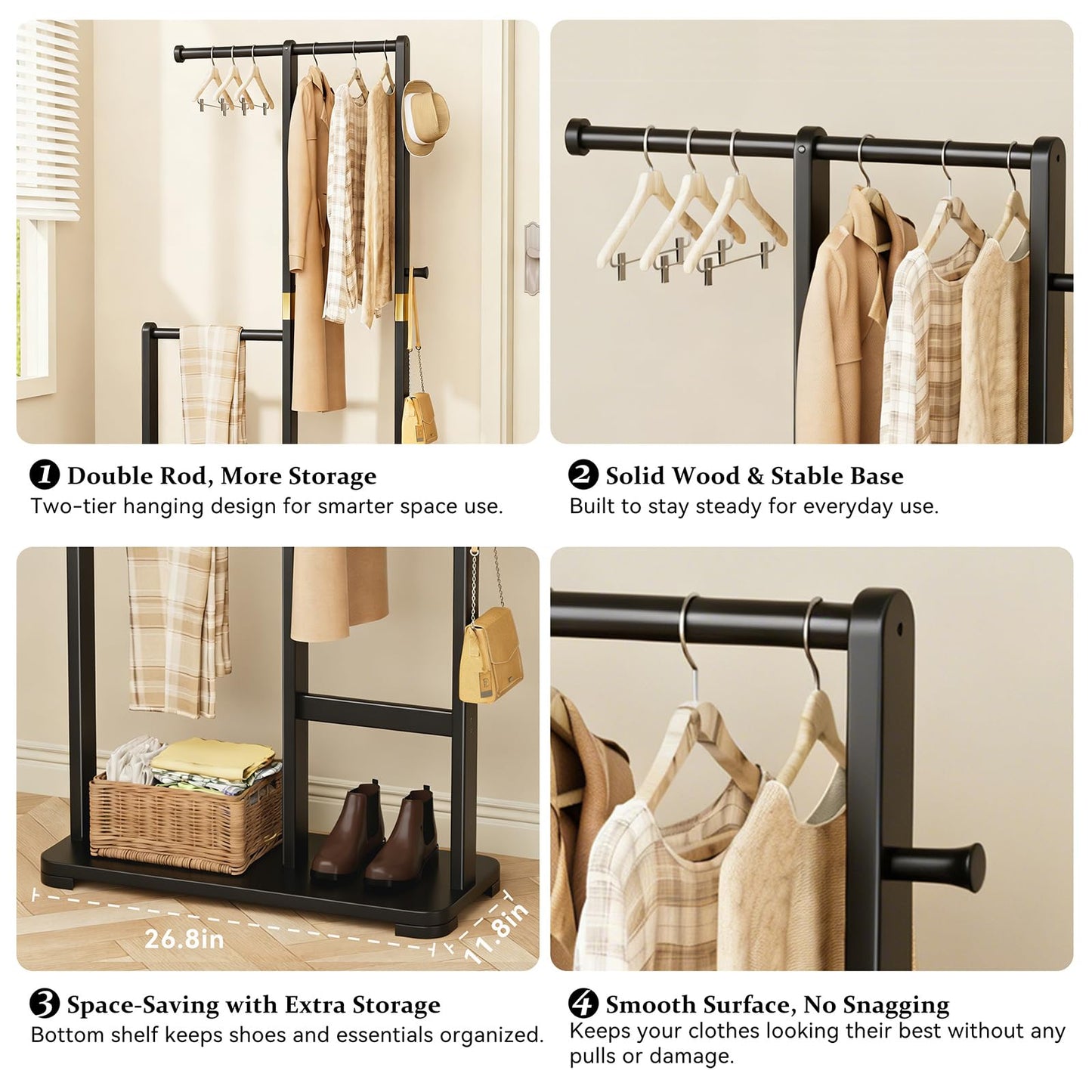 Wamhom Solid Wood Coat Rack, Freestanding Standing Clothes Rack with Double Hanging Rods for Coats, Jackets, Wooden Coat Tree Garment Rack for Bedroom Entryway Hallway, Space Saving Small Coat Rack