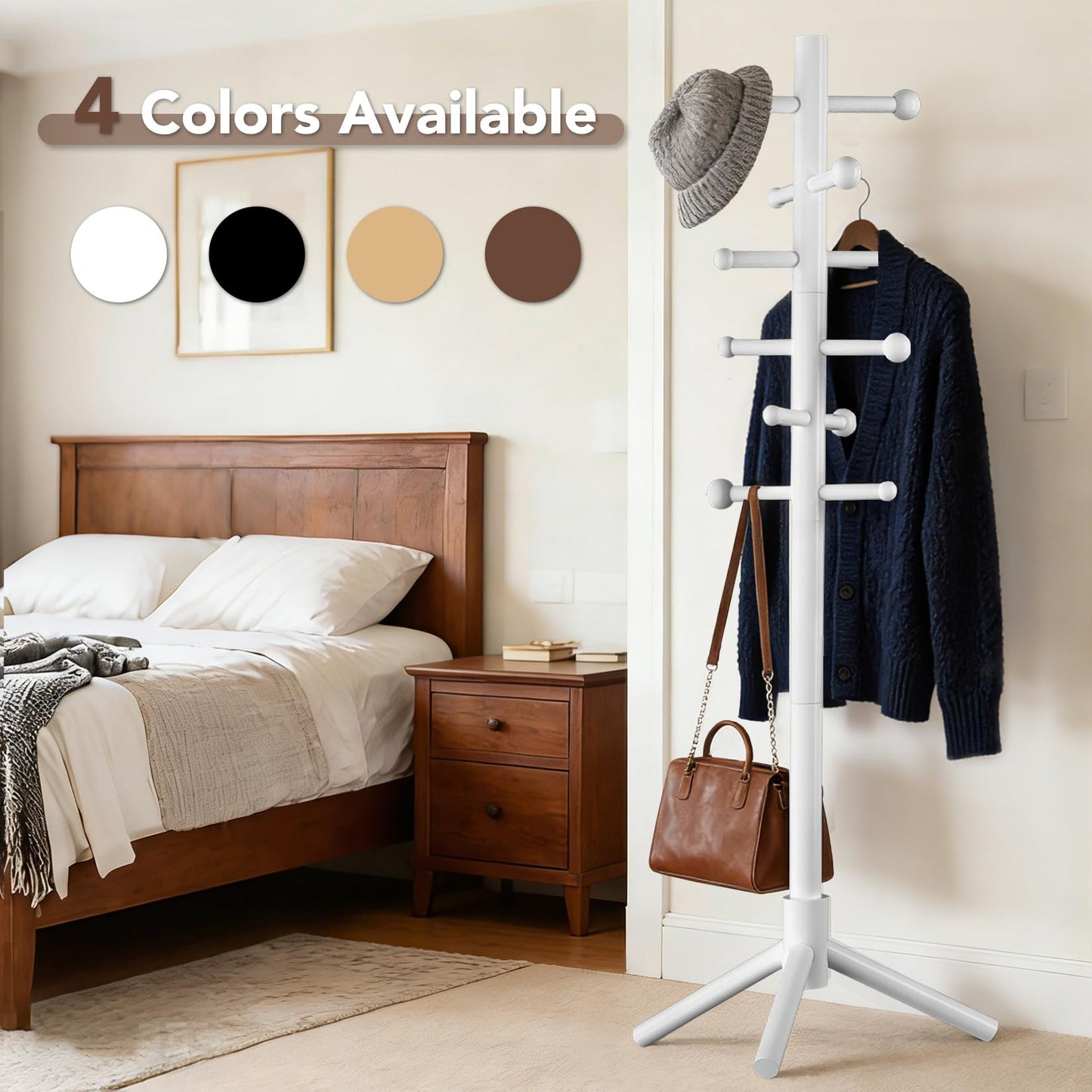 ACIPENSER Wooden Coat Rack Freestanding with 12 Hooks 3 Adjustable Heights，Standing Coat Rack Tree for Hat and Coat Rack for Small Spaces Entryway,Office,Bedroom,White