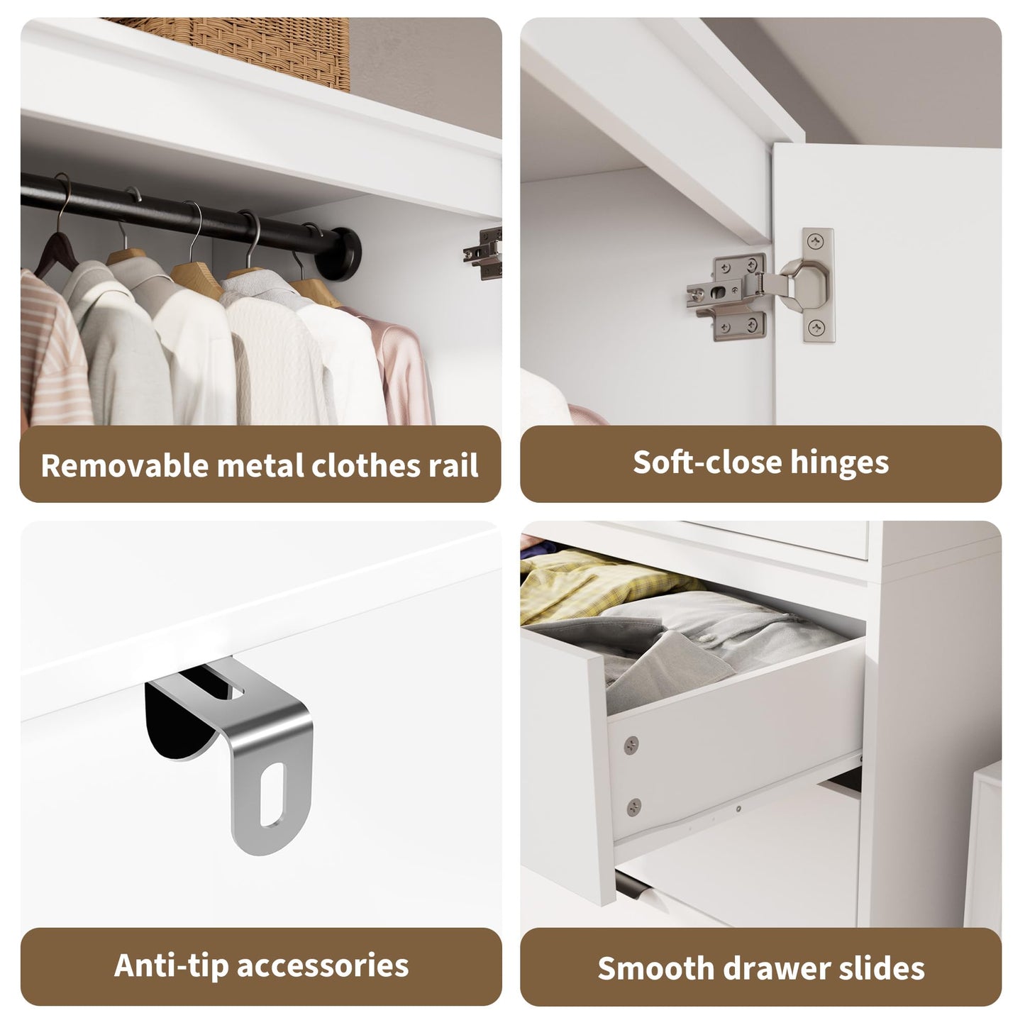 GarveeHome Armoire Wardrobe Closet, 69.5 in Wooden Wardrobe Cabinet with 3 Drawers, Hanging Rod, 2 Doors Clothing Storage Cabinet for Bedroom, Large Capacity Storage, Rattan Door, White