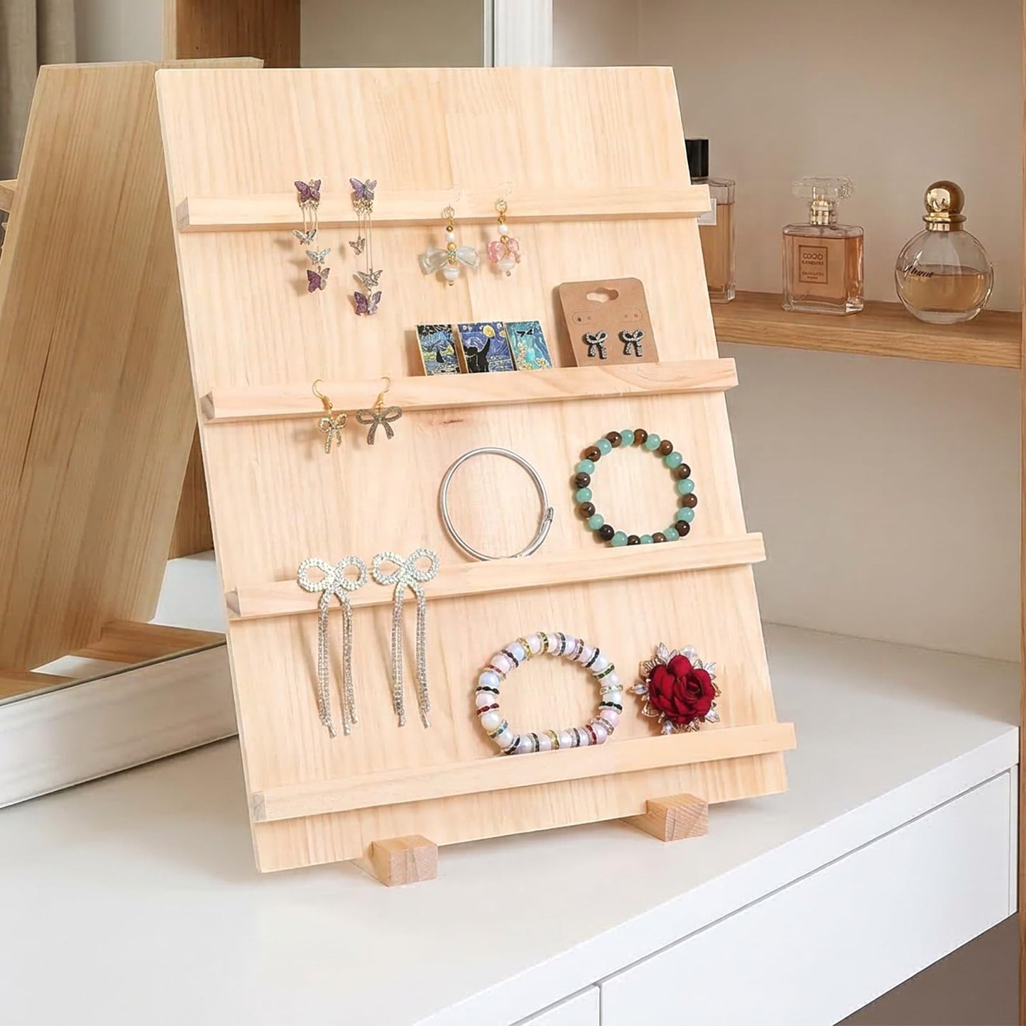 Leooomap 2-Pack 4-Tier Wooden Earring Display Stand, Rustic Earring Display Card Holder with Slots for Jewelry Storage, Craft Shows, and Retail Storefront