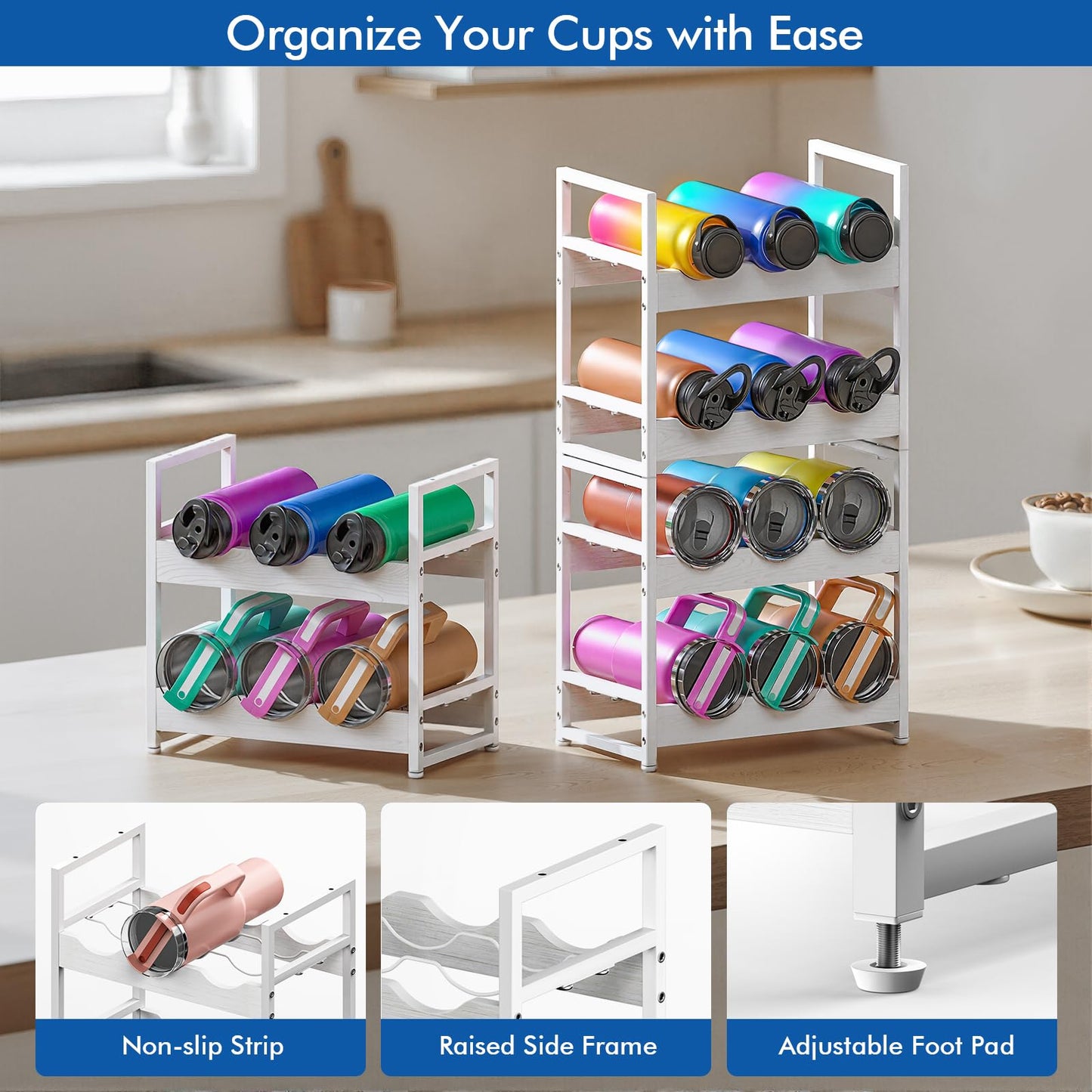 Kssiaz Wooden Water Bottle Organizer, 20/30/40oz Tumbler Organizer, Bottle Holder for Owala/Yeti/Stanley, Kitchen Pantry Water Bottle Storage Rack for Cabinets, Wood Wine Rack, 4 Tier Hold 12