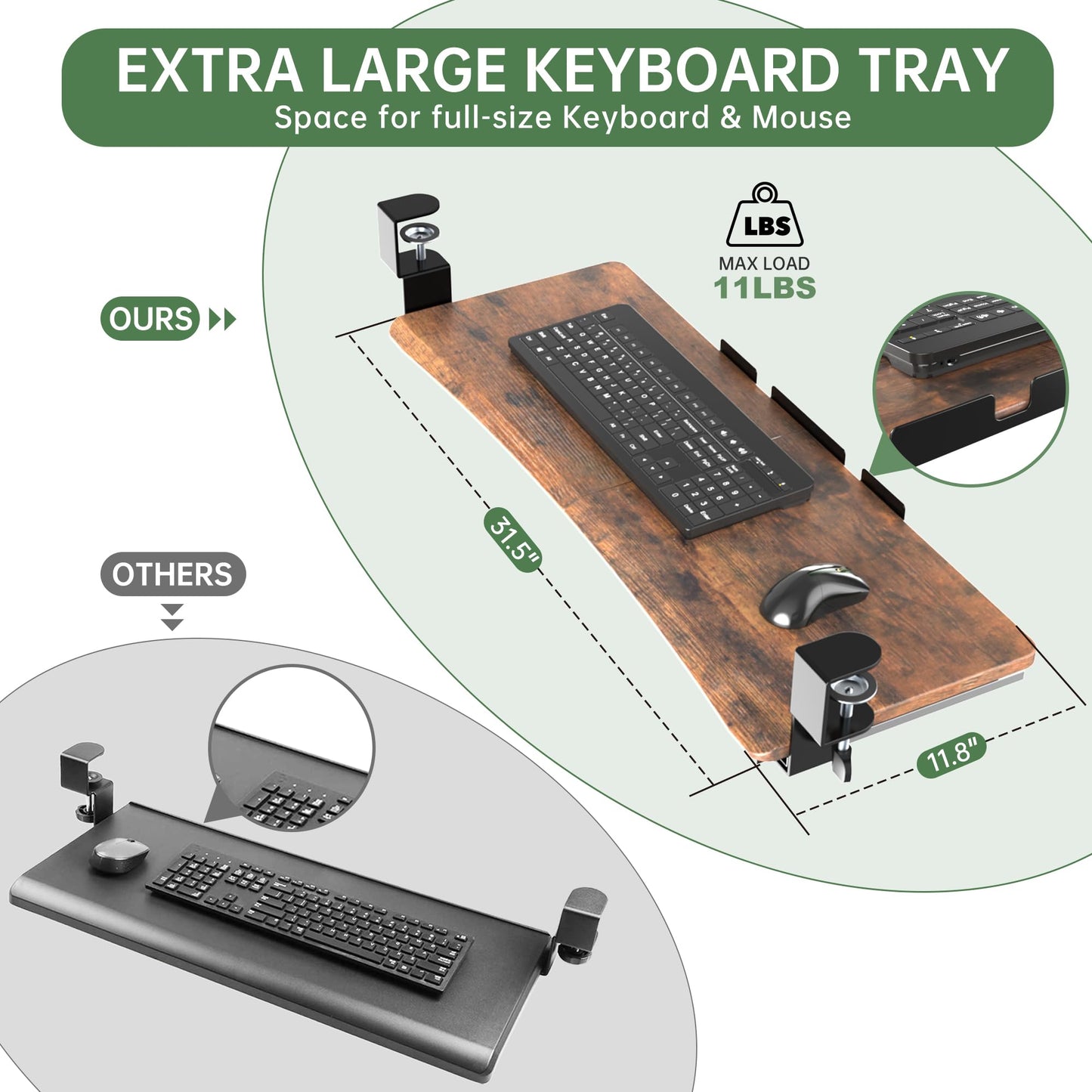 UPGRAVITY Extra Large Keyboard Tray Under Desk - Slide Out with Sturdy C-Clip Mount System, Extra Wide 31.5" (35.8" Including Clamps) x 11.8" Pull-Out Keyboard Computer Drawer, Rustic Vintage Brown