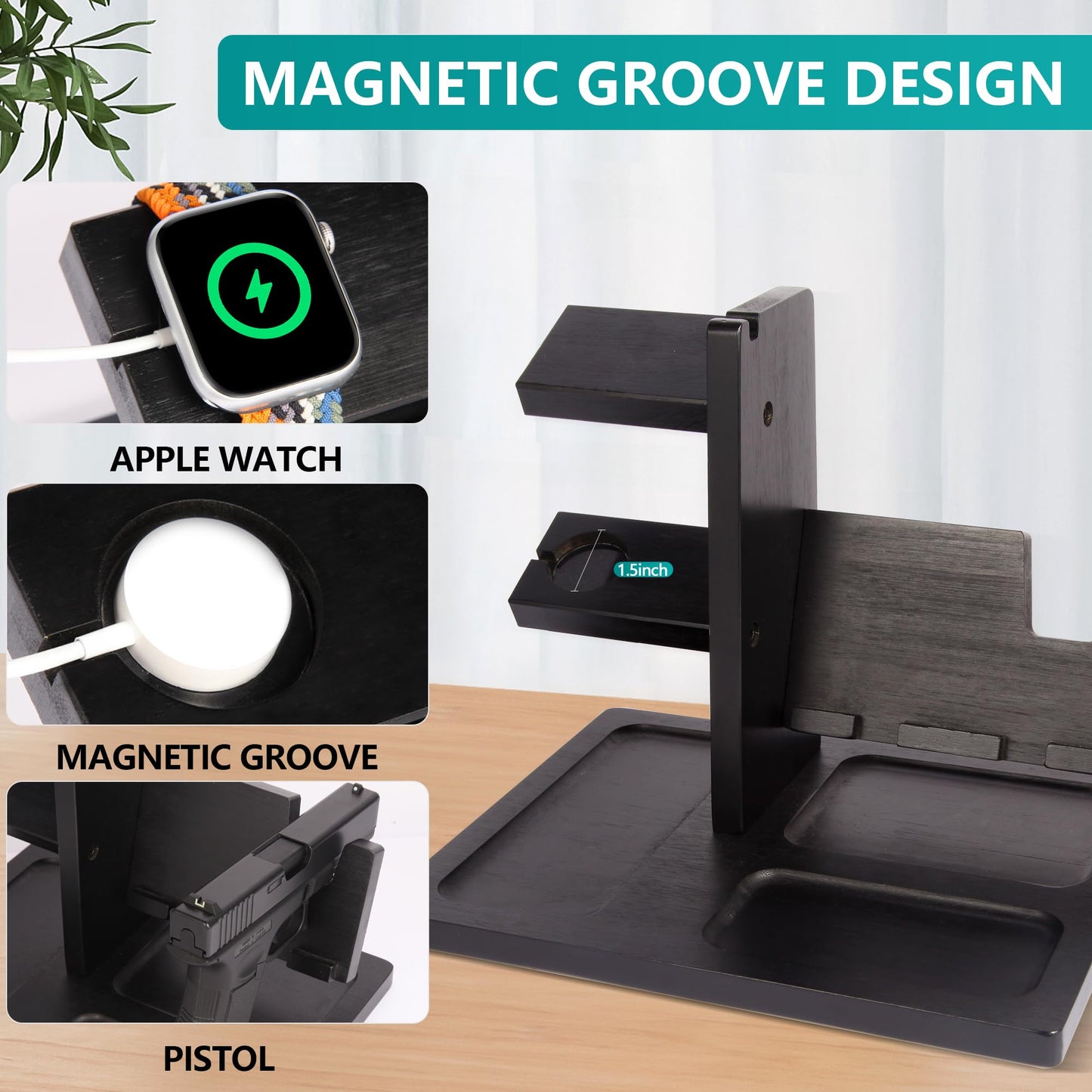 Pistol Rack for Gun Safe, Wooden Handgun Rack Holder for Gun, Wood Phone Docking Station with Magnetic Groove as Nightstand Organizer as Gifts for Men Boyfriend Husband Father in Birthday Christmas