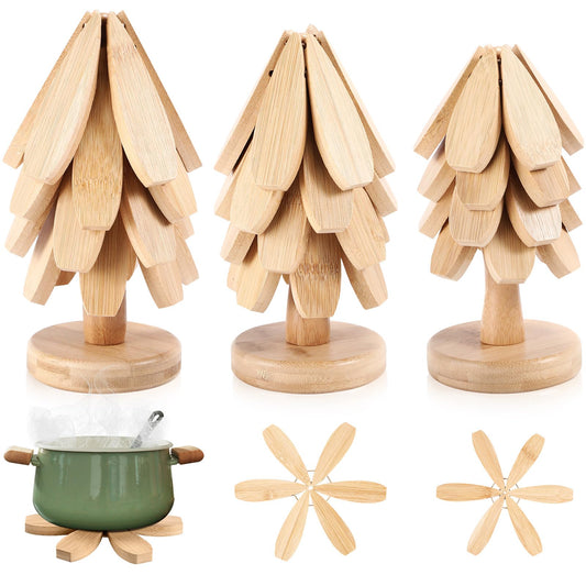 Reallnaive 12 Pcs Foldable Wooden Trivet for Hot Dishes Set, 3 Sizes Tree Shape Kitchen Coasters with 3 Stands for Pots Holders, Plates, Potted Plants, Bowls, Decoration(Bamboo Color)