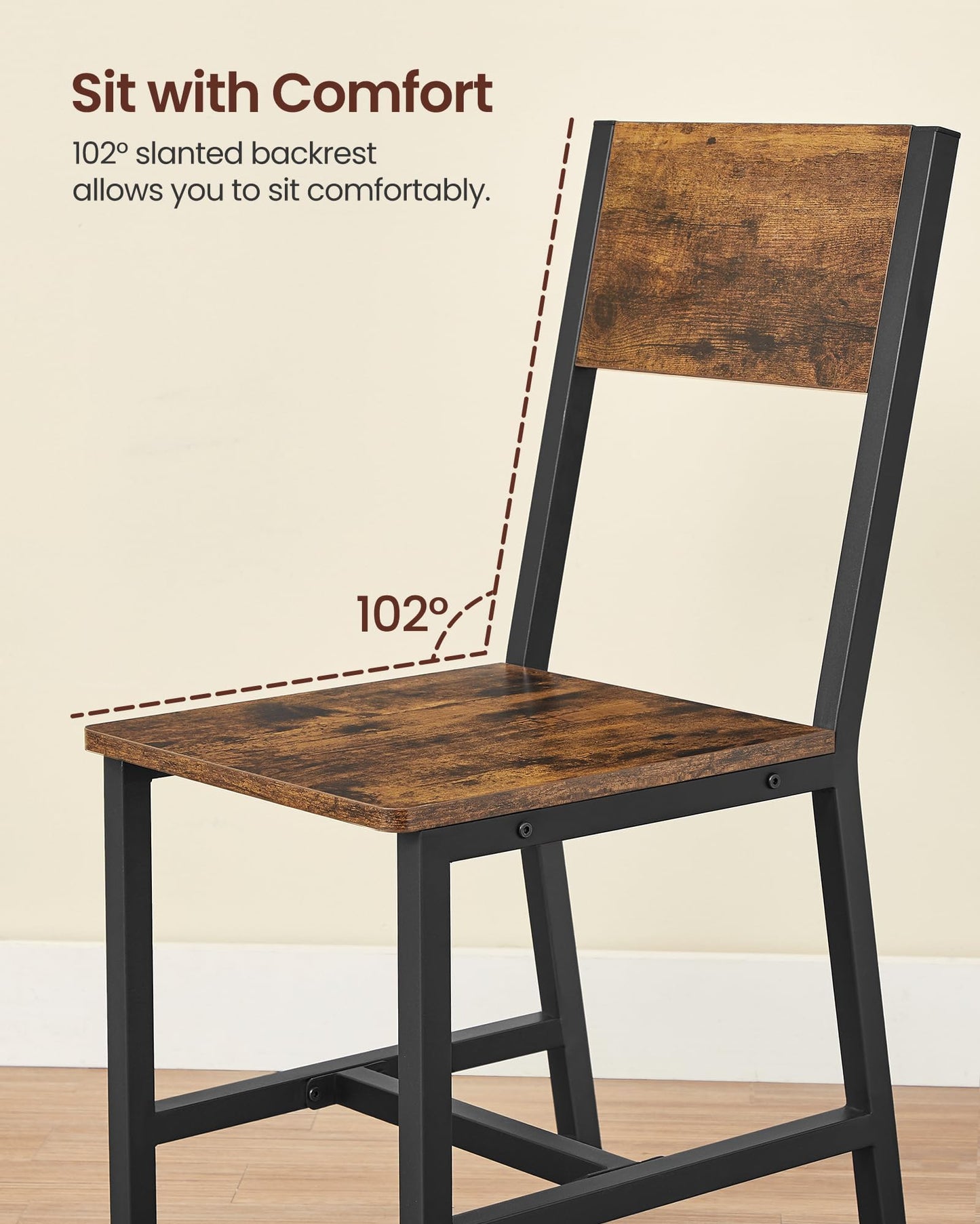 VASAGLE Dining Chair Set of 2, Rustic Wood Chairs with Metal Steel Frame, Easy to Assemble, Comfortable Seat, Modern Farmhouse Chair for Kitchen, Bedroom, Living Room, Rustic Brown and Ink Black