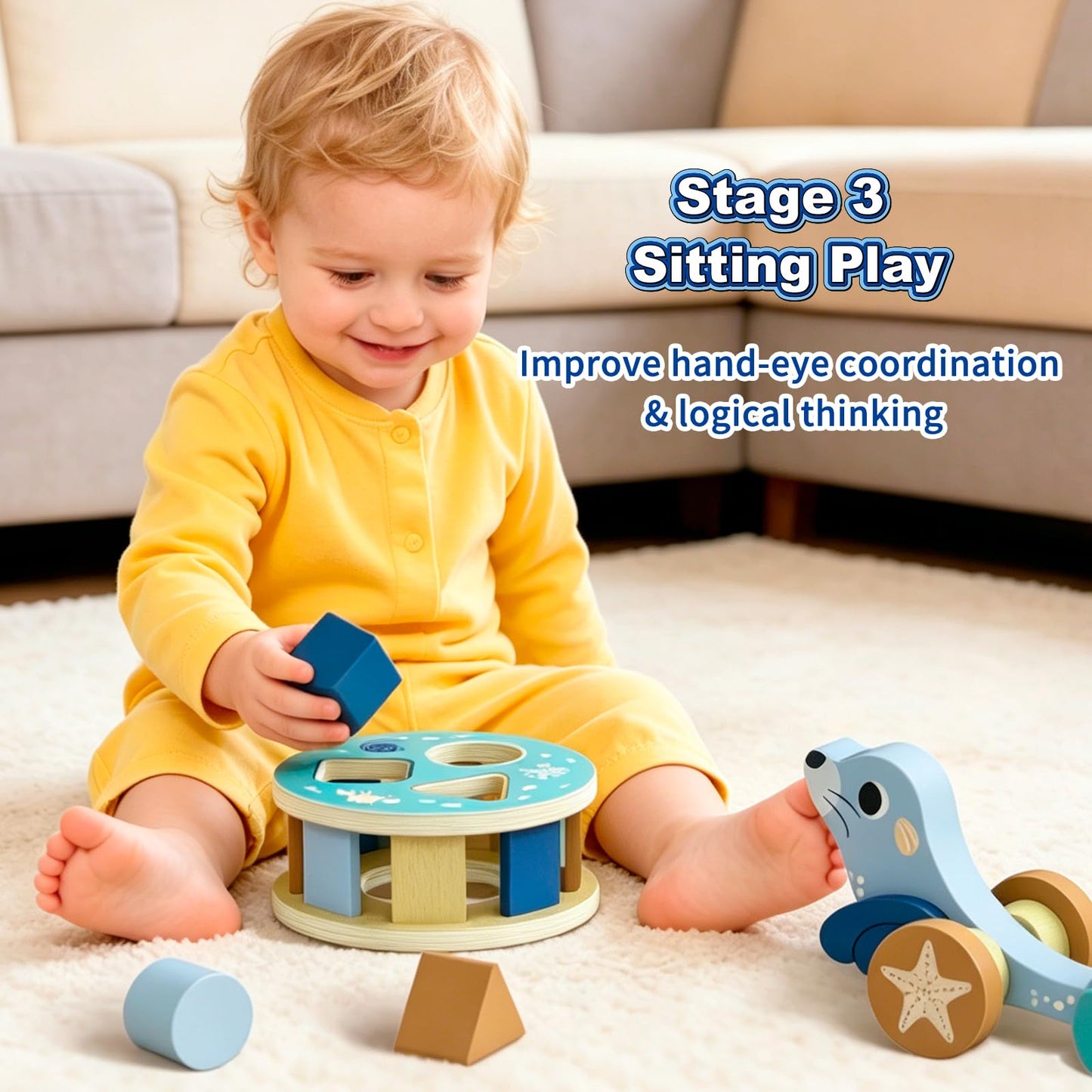 LOVELAND Wooden Seal Pull Along Toy, 3-in-1 Interactive Walker for Toddlers 1-3 with Rattle Ball & Shape Sorter, STEM Educational Push Pull Walking & Crawling Toy for Baby Boy Girl Birthday Gifts
