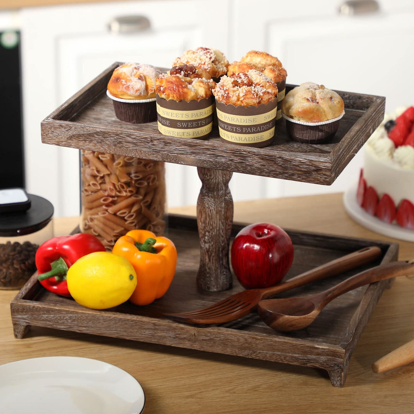 Yalikop Farmhouse Tiered Tray Stand - Wooden Rustic 2 Tier Rectangular Tray Serving Stand for House Kitchen Cake(Brown)