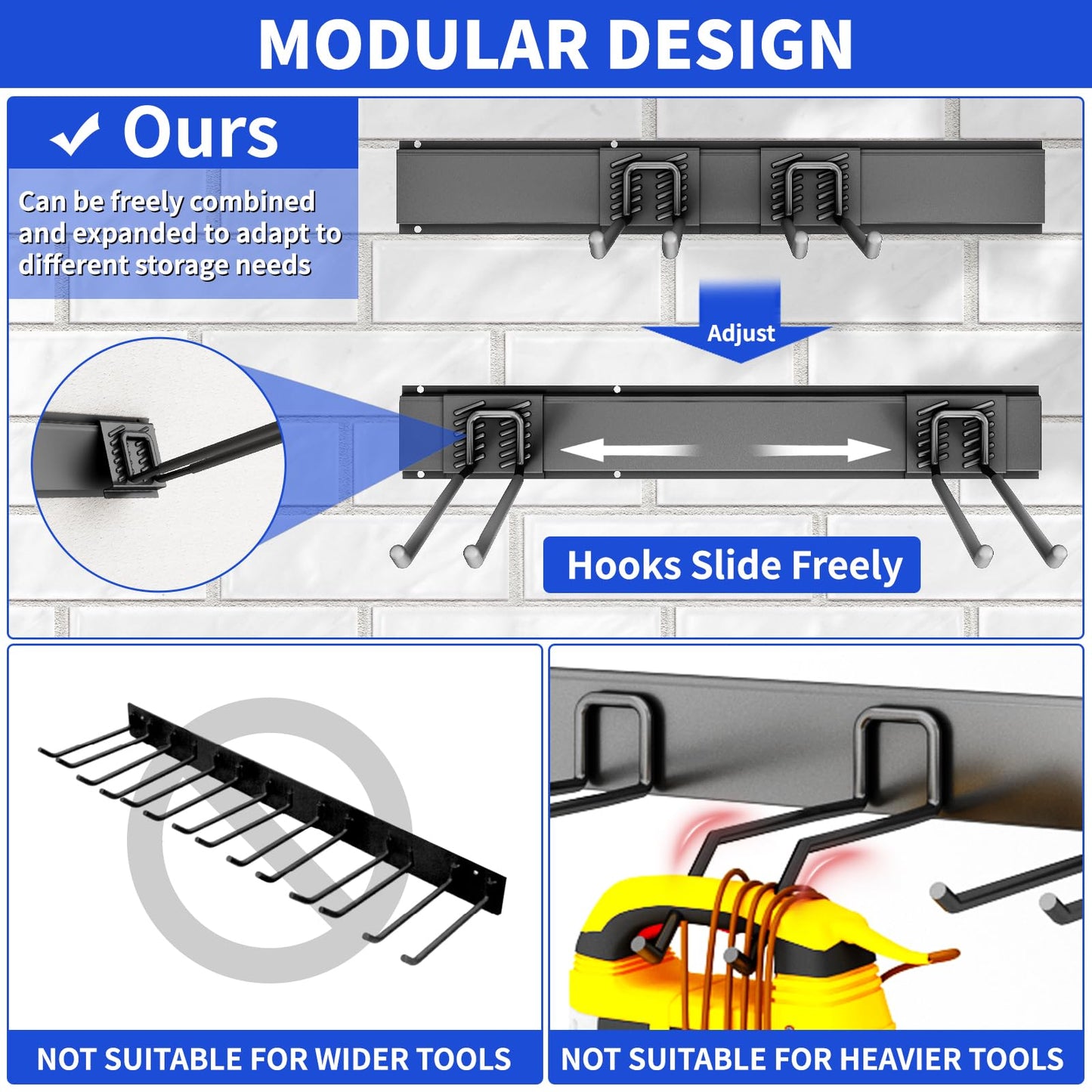 CRXCRC Shed Tool Organizer Wall Mount, 64inch Heavy Duty Garden Tool organizer Storage System, Easy Install With 10 Adjustable Hooks, For Garage, Basement, Shed, Workshop(Black)