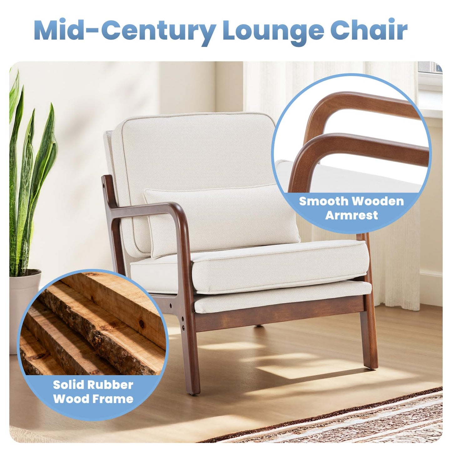 DUMOS Mid Century Modern Accent Chairs Set of 2, Armchair with Lumbar Pillow and Waist Cushion, Solid Wood Frame Lounge Chair for Living Room, Bedroom, Reading Nook, Small Apartment Corner, Beige