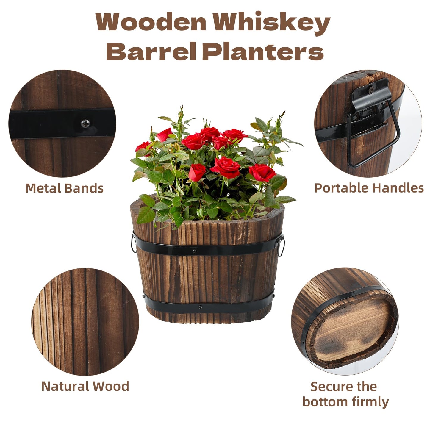 Hlimior 3 Pcs Wooden Whiskey Barrel Planters, Wooden Flower Planters Pots Boxes with Metal Handles 3 Sizes Planting Wood Buckets Tree Pot for Indoor Outdoor Garden Home Plants