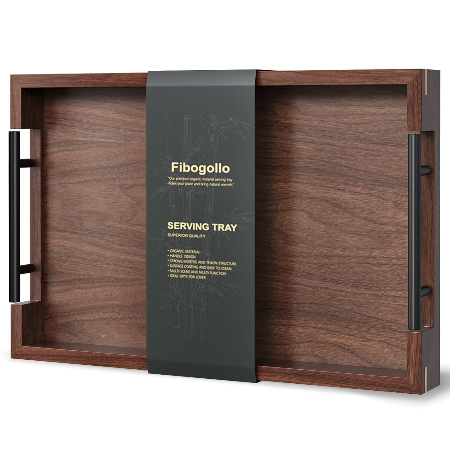 Fibogollo Walnut Wood Serving Tray with Metal Handles,15x10in Ottoman Decorative Trays Platter for Coffee Table,Living Room,Bar(Medium)