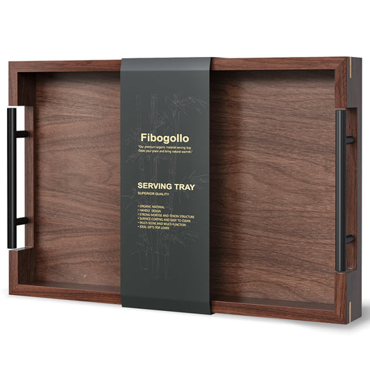 Fibogollo Walnut Wood Serving Tray with Metal Handles,15x10in Ottoman Decorative Trays Platter for Coffee Table,Living Room,Bar(Medium)