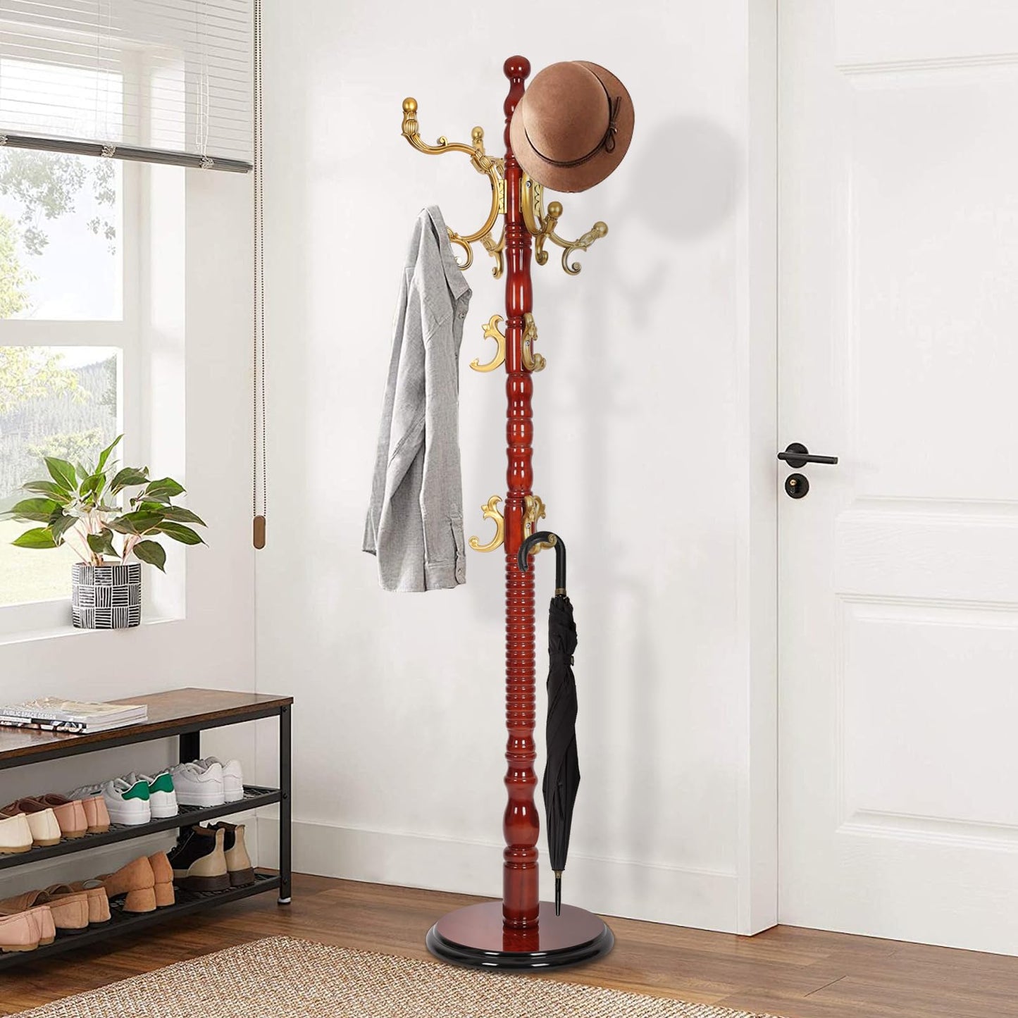 VKETU Wooden Coat Rack Freestanding, Vintage Coat Racks with Sturdy Round Base, Adjustable Height 37.40"-72.83" Entrance Coat Rack for Bedroom Living Room Entryway (Solid wood Begonia)