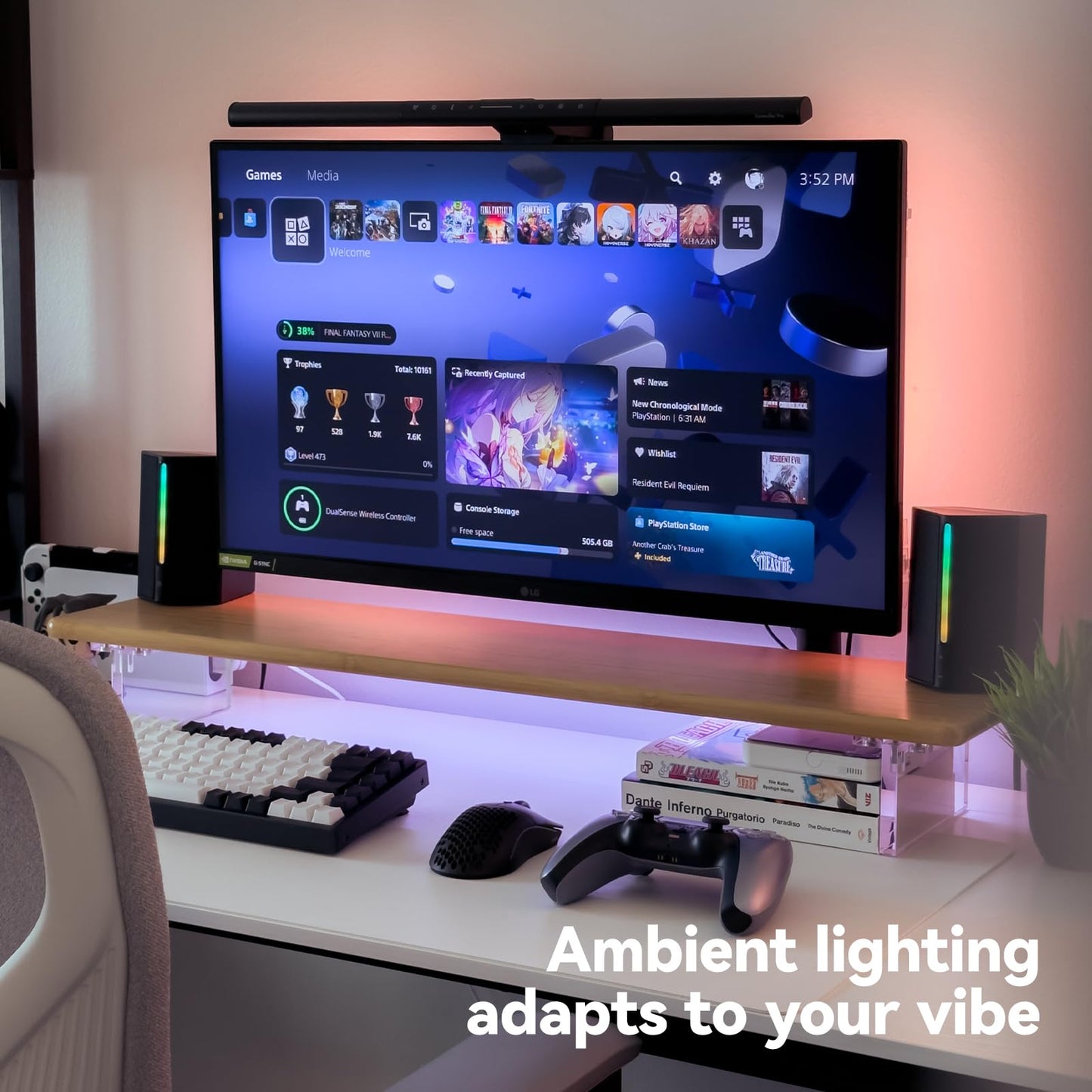 ROCDEER Wood Vanity Tray and Bamboo Dual Monitor Stand Riser with RGB Lights Natural