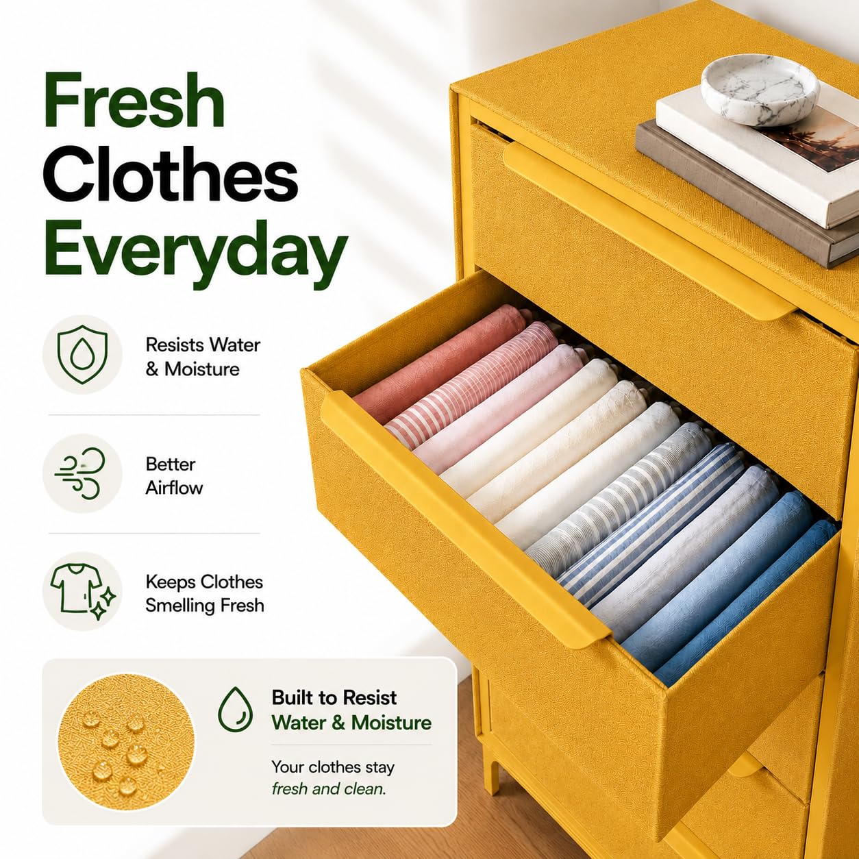 tinge Naima Premium Fabric Dresser - Strong Metal Frame, 5 Spacious Sag-Proof Drawers with Sleek Metal Handles - Premium & Durable Storage Solution for Your Home (Yellow)
