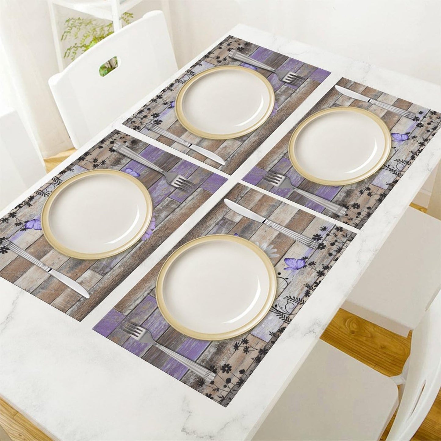 Daisy Placemats Set of 4, 12x18 Inch Farmhouse Daisy Floral Purple Butterfly Retro Wooden Plank Seasonal Spring Summer Holiday Farmhouse Coffee Table Mats for Party Kitchen Dining Decoration