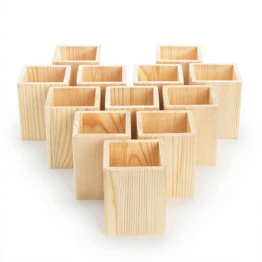 Yopay 12 Pack Wooden Pencil Holder, 4 Inch Square Desktop Wood Boxes for Crafts, DIY Unfinished Wooden Vase for Wedding Centerpieces Decor, Homemade DIY Supplies