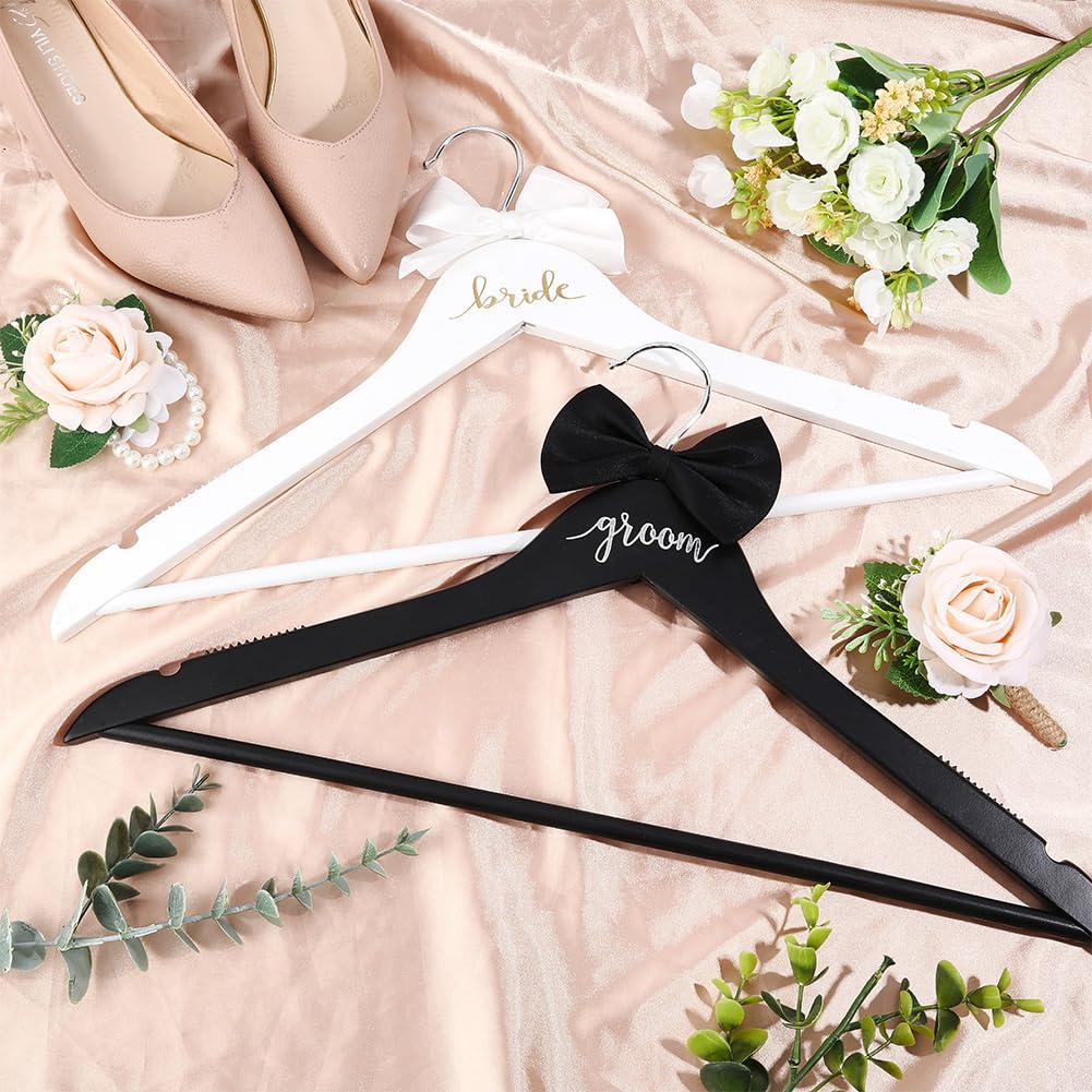 INFUNLY 2 Pack Bride Groom Hanger for Wedding Wooden Bridal Dress Suit Hangers with Bow Tie Wrist Corsage Flower 17.5x8.9 Inches Mr and Mrs Shirt Tuxedo Suit Hanger Shower Gift Accessories