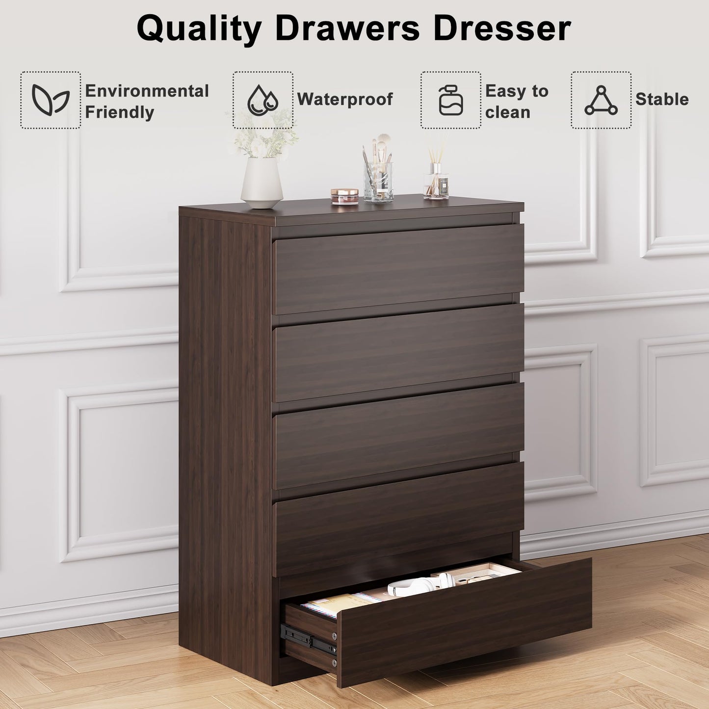 Jocoevol Modern Brown 5 Drawer Dresser for Bedroom, Simply Chest of Drawers, Wood Storage Dresser with Deep Drawers for Living Room Hallway Entryway, Brown