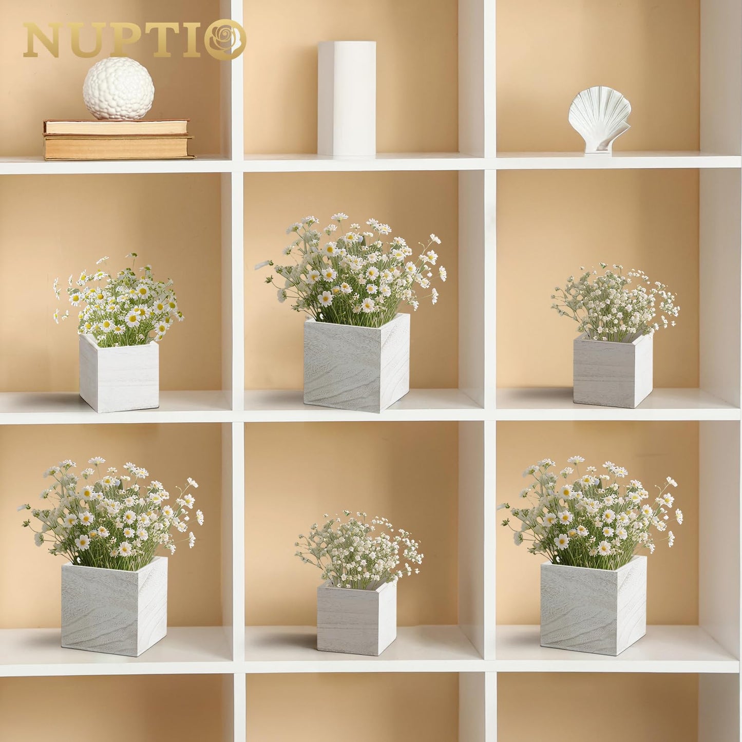 NUPTIO Wooden Box for Centerpiece Wedding: 12 Pcs Rustic Square Planter Box Farmhouse Table Fall Decor - 4×4" & 5×5" Whitewashed Small Wood Vases Flower Pots for Windowsill Home Garden