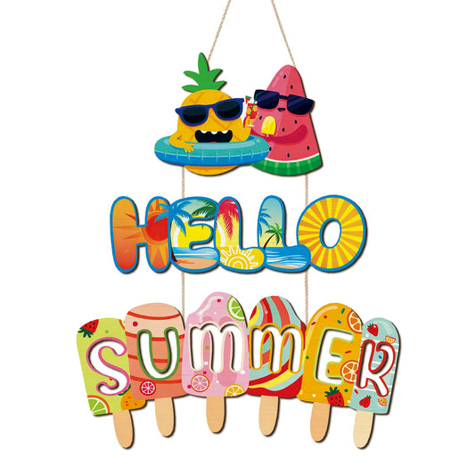 HLNIUC Tropical Beach Vacation Wood Decor,Summer Fruit Ice Cream Wooden Hanger,Hello Summer Hanging Signs,Rustic Farmhouse Wood Plaque,Coastal Seasonal Wall Wreath For Living Room Bedroom