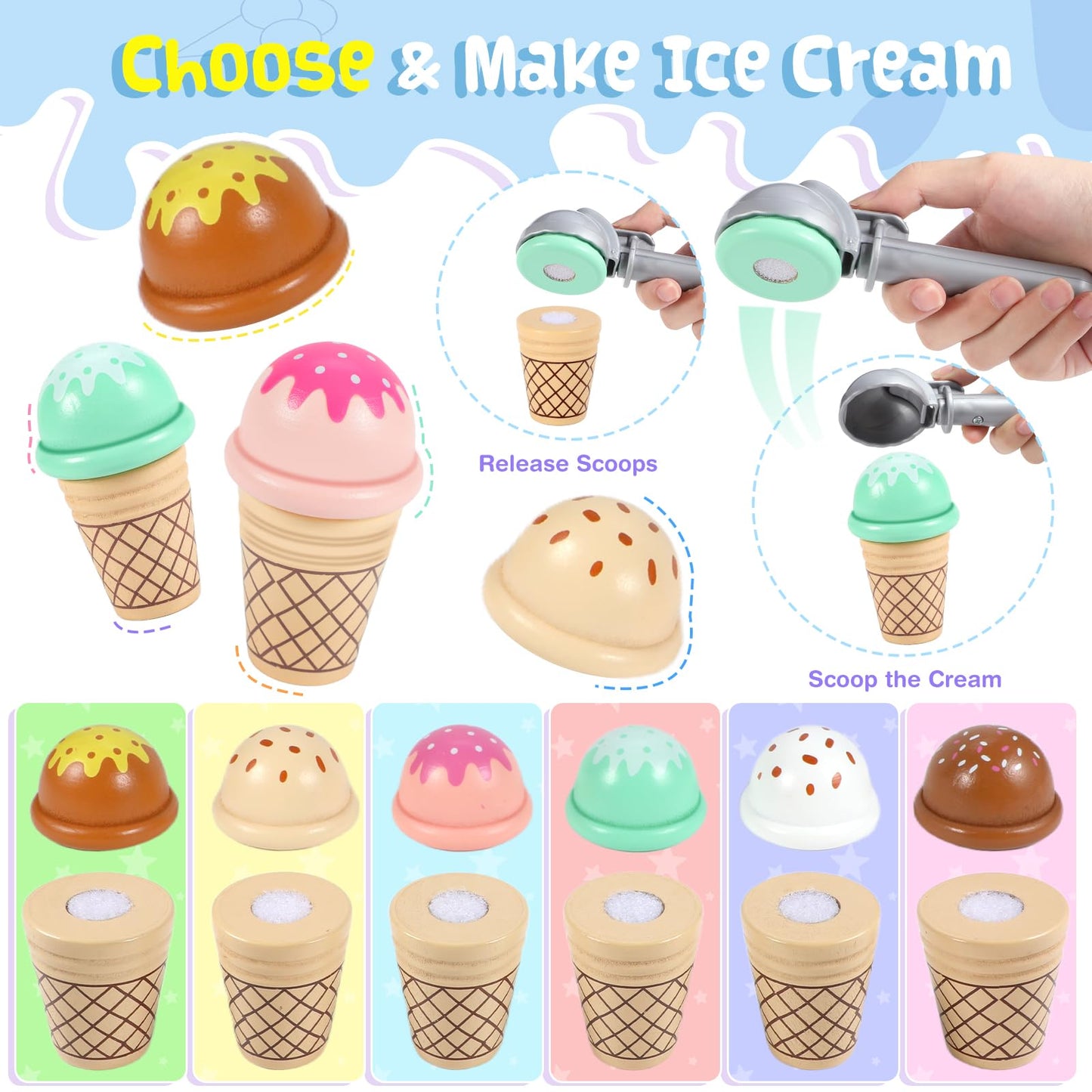 Loscola Ice Cream Toy, Wooden Ice Cream Toys for Kids Toddlers, Pretend Play Kitchen Food Toys, Wooden Play Store Counter Shop Playset for Toddlers, Toy Gift for 3 4 5 6 7 8 Year Old Girls Boys