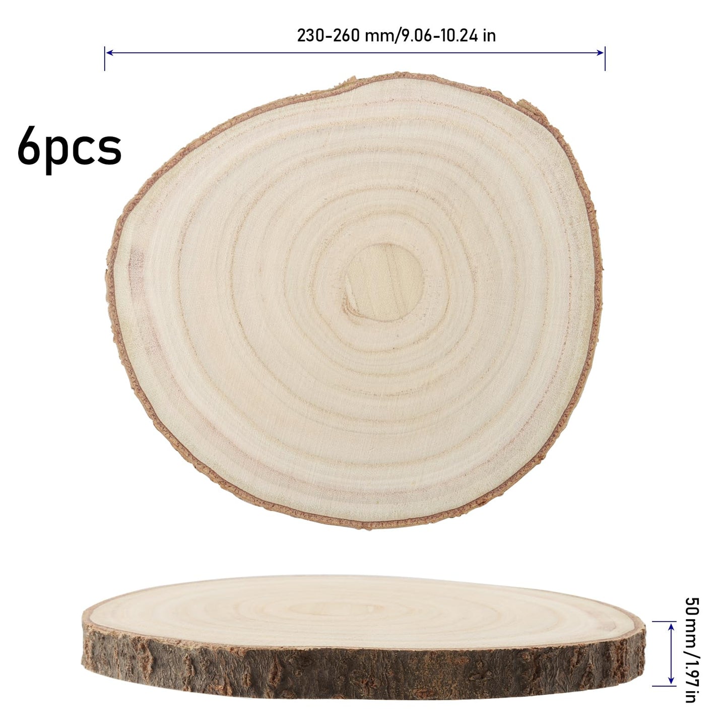 KINJOEK 6PCS 9-10 Inch Large Natural Wood Slices with Bark, Unfinished Wooden Table Coasters Circles, Blank Round Wood Ornaments Slice Bulk for Centerpieces DIY Craft Wedding Party Christmas Decor