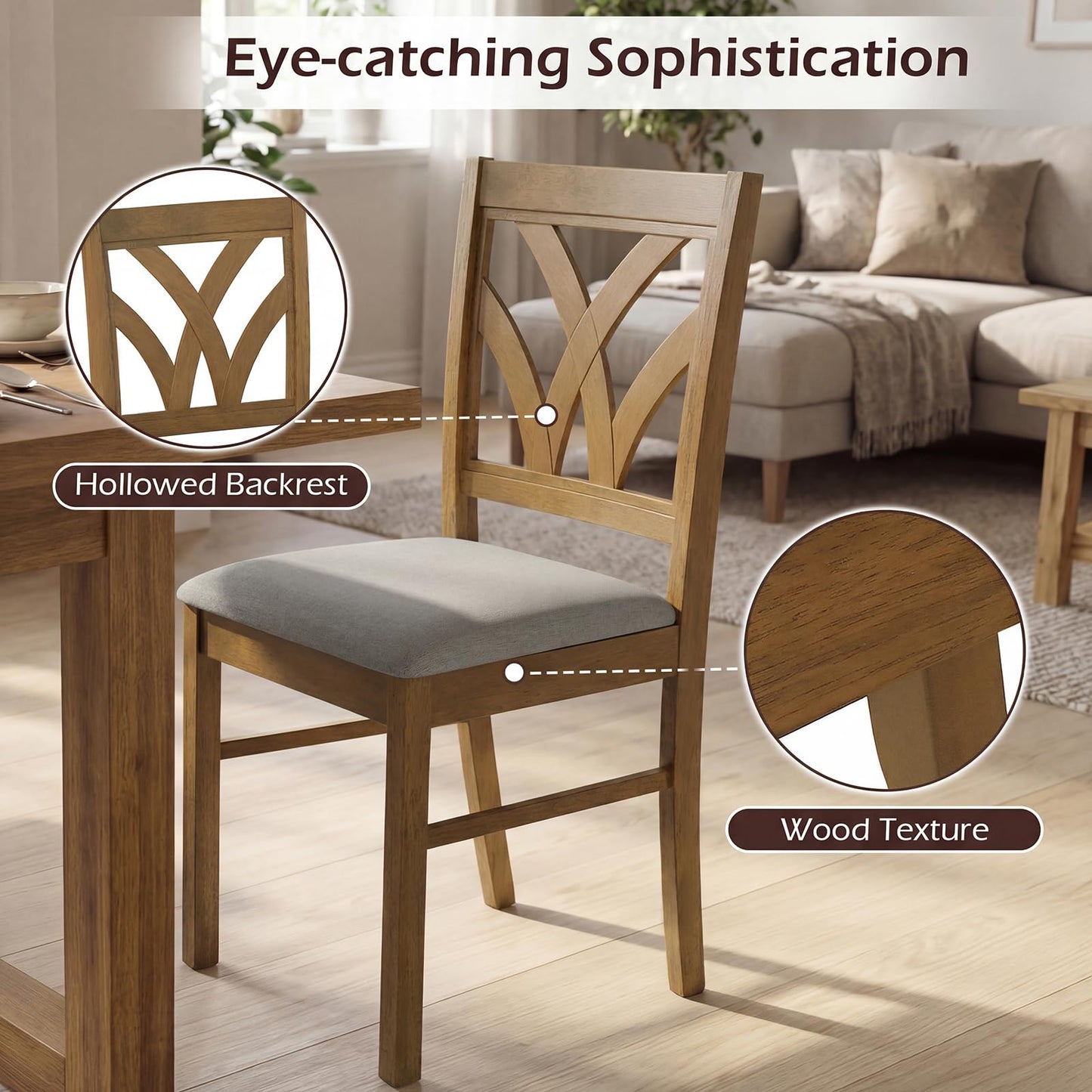 Giantex Wooden Dining Chairs Set of 2, Farmhouse Upholstered Kitchen Chairs with Solid Rubber Wood Frame, Hollowed Backrest & Soft Padded Seat, Armless Accent Side Chairs for Dining Room, Oak