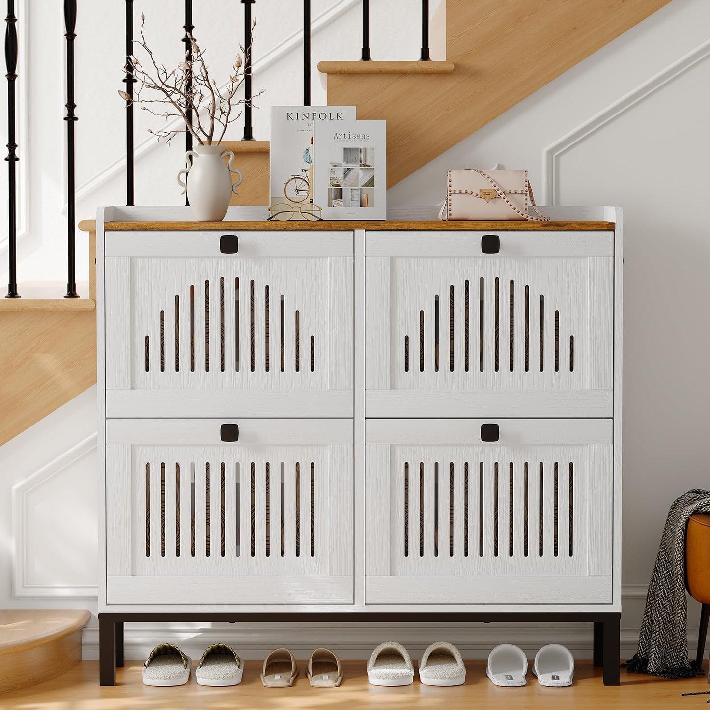 Garvee Shoe Cabinet with 4 Flip Drawers, Freestanding Shoe Organizer with Adjustable Shelves & Sturdy Legs, Narrow Wooden Shoe Rack for Entryway, Hallway, Living Room, White