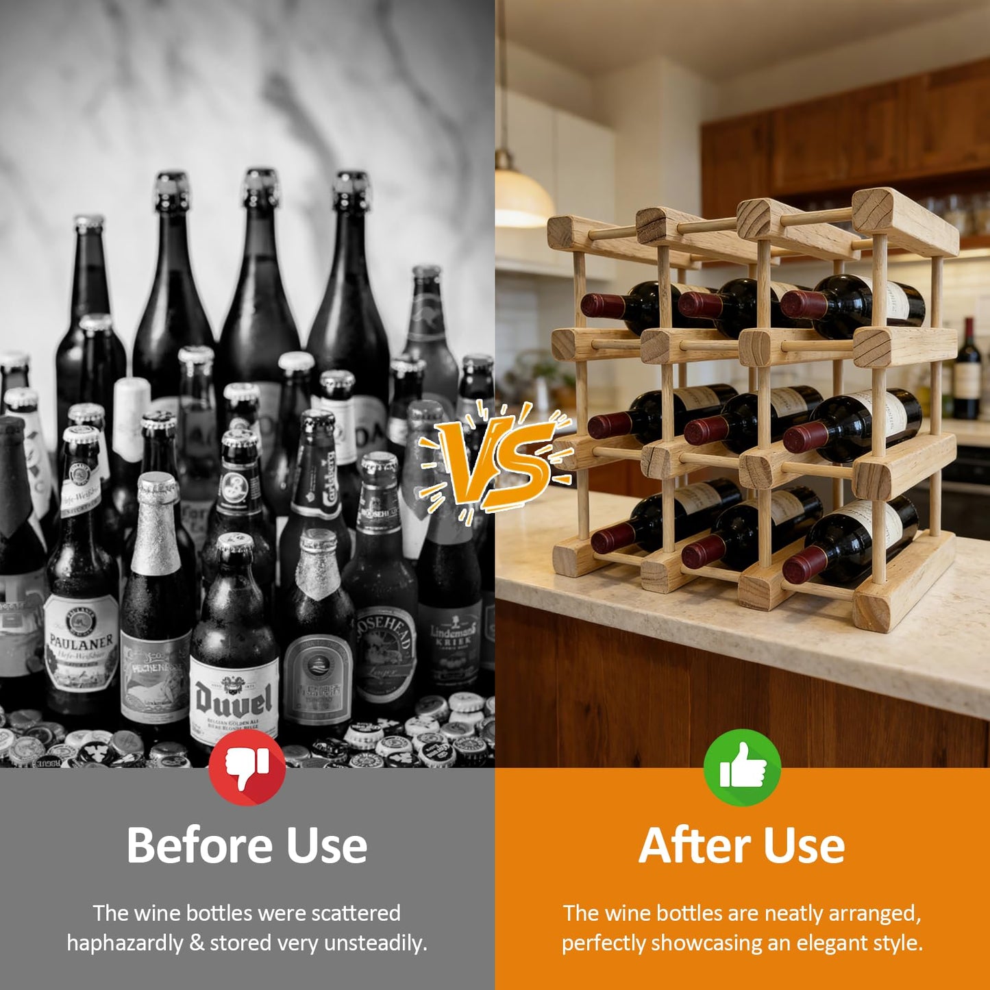 Petyoung 12 Bottle Stackable Wooden Wine Rack, Modular Wine Storage Rack with Rubber Hammer, Inside Cabinet and Countertop Wine Bottle Holder, Table Wine Organizer for Kitchen Restaurant Bar