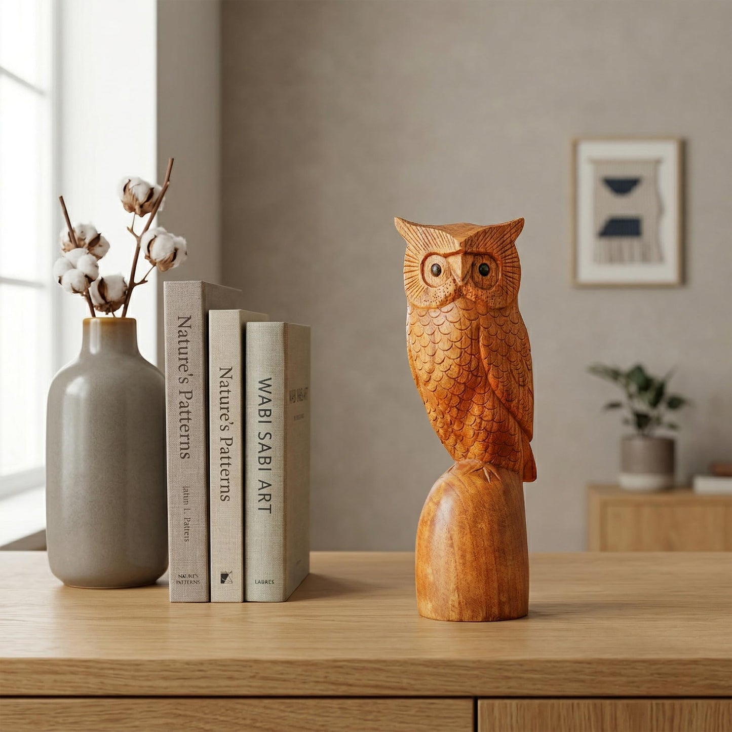 G6 Collection 10" Wooden Handmade Owl Figurine Handcrafted Statue Art Home Decor Sculpture Hand Carved Decorative Rustic Accent Decoration Hoot Owl Standing on a Tree Branch
