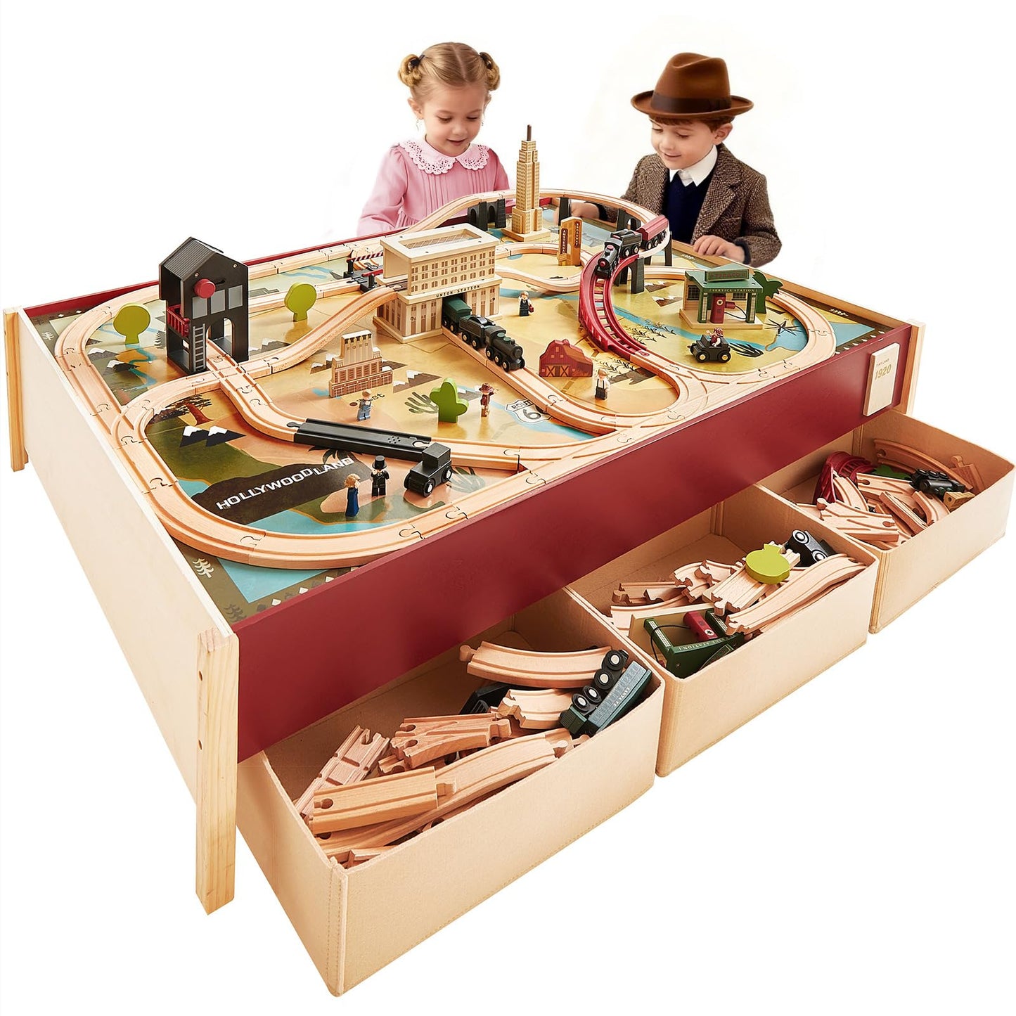 Tiny Land Large Wooden Train Table (47.9”x35.2”), 104PCS Train Set, 3 Storage Bins, Activity Playset for Kids Ages 3+