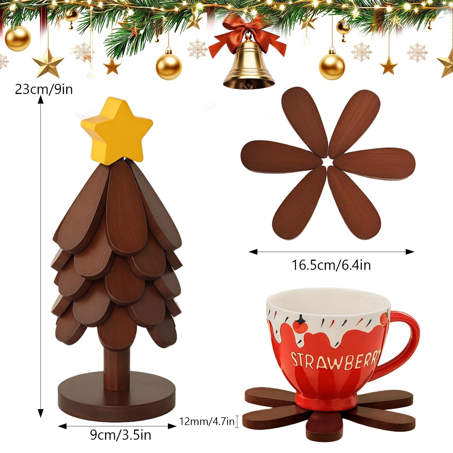 Lwuey Christmas Wooden Tree Trivet Set - 5 Foldable Heat-Resistant Trivets + 1 Stand for Hot Dishes, Pot, Bowl, Teapot, Hot Pot Holders(Walnut)
