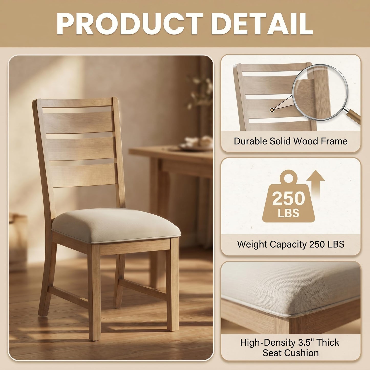 COLAMY Modern Dining Chairs Set of 2, Breathable Fabric Kitchen Chairs with High-Resilience Cotton Padding, Ergonomic Solid Wood Legs Accent Seating for Living Room 250LBS,Oak Natural