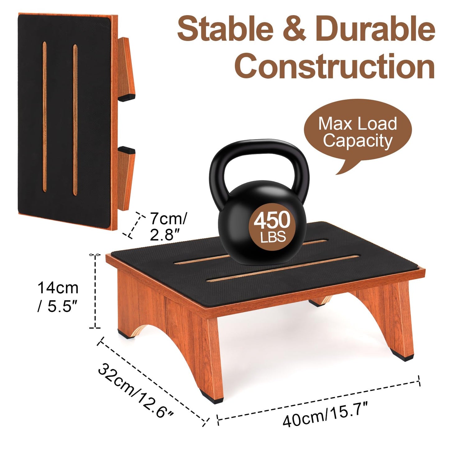 Step Stool Foldable, Wooden Step Stool with Non-Slip Rubber Stepping Platform, Folding Step Stools for Adults Seniors in Bedroom, Kitchen Bathroom, RV, Bed Steps for High Beds, No Assemble (Brown)