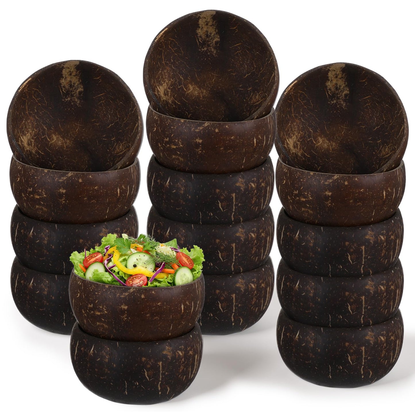 PercyEffie 14 Pcs Coconut Shell Bowls, Polished Wooden Bowls Natural for Acai Salad and Vegan Gifts Vegan Gifts Kitchen Decor