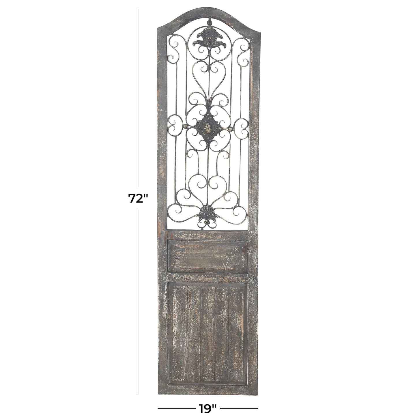 Deco 79 Wood Scroll Home Wall Decor Distressed Door Panel Wall Sculpture with Metal Wire Details, Wall Art 19" x 1" x 72", Brown