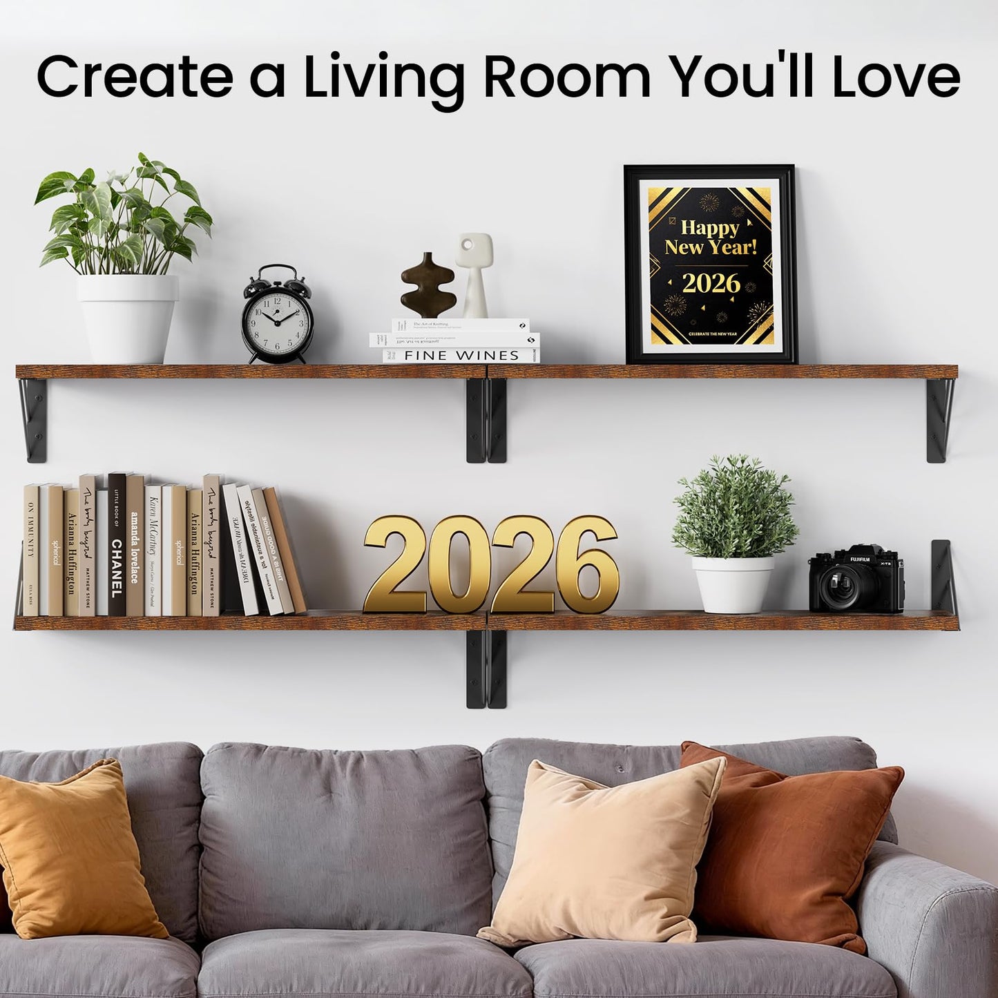 BAYKA Wall Shelves for Bedroom Decor, Floating Shelves for Wall, Display Mounted Rustic Wood Shelf for Books,Plants,Corner Shelves for Bathroom,Kitchen,Living Room(Rustic Brown，23in，Set of 4)