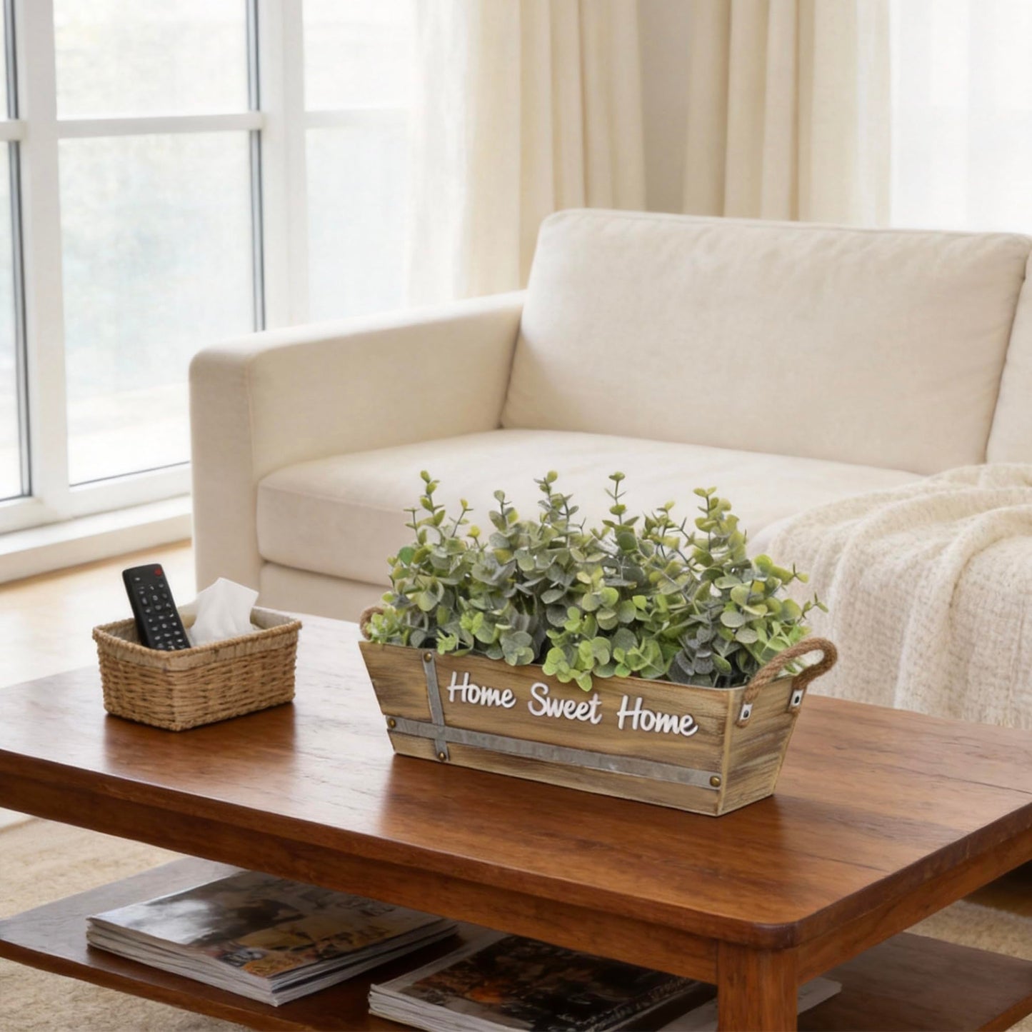 hopeme Artificial Eucalyptus Table Centerpiece in Wooden Box, Faux Greenery Arrangement with “Home Sweet Home” Sign, Jute Rope Handles, Farmhouse Rustic Home Décor