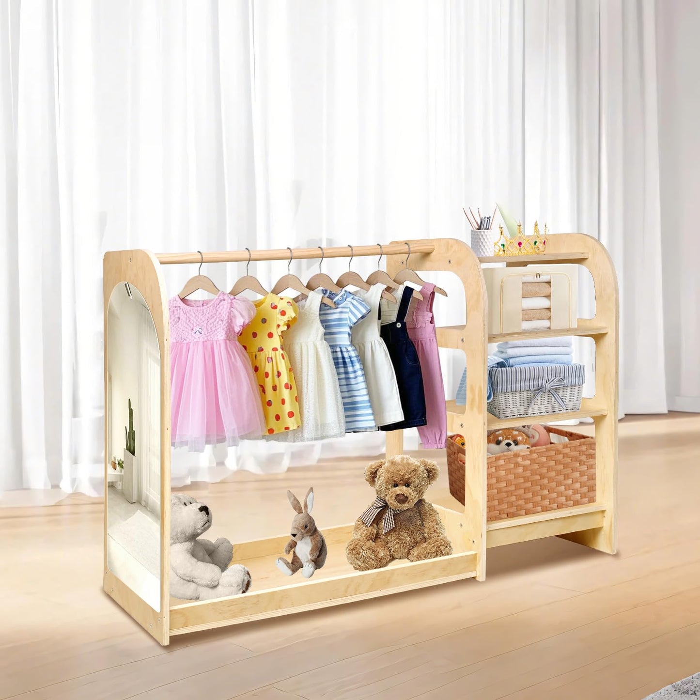 homegroove Kids Dress Up Storage with Mirror, 31.5 Inch Kids Wardrobe Closet with Storage Shelf for Little Girls and Boys, Wooden Costume Organizer for Bedroom Classroom Playroom Furniture
