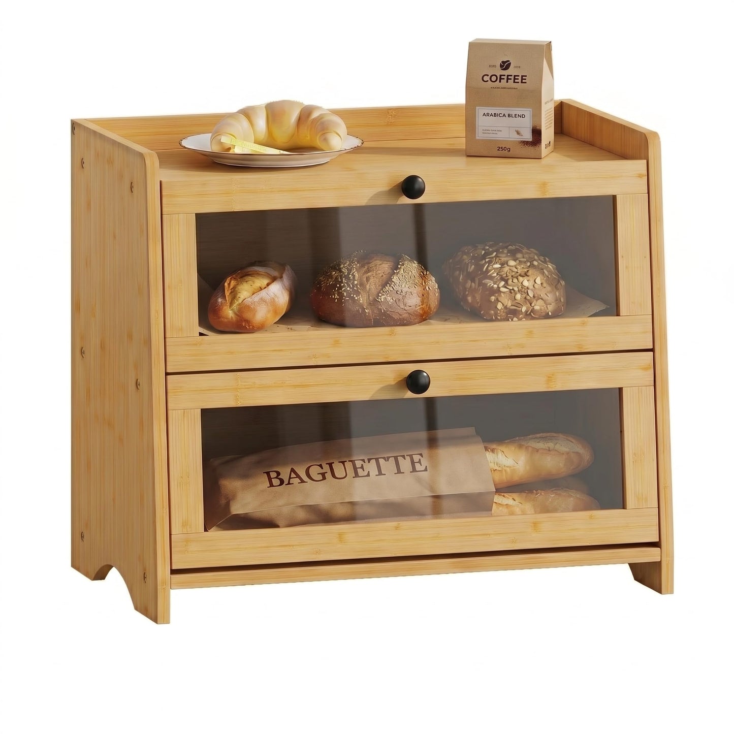 Plusinthebox Bamboo Bread Box for Kitchen Countertop, 2 Tier Large Capacity Wooden Bread Storage Container, Bread Keeper for Homemade Bread, Bagels and Pastries, Pantry and Coffee Bar Organizer