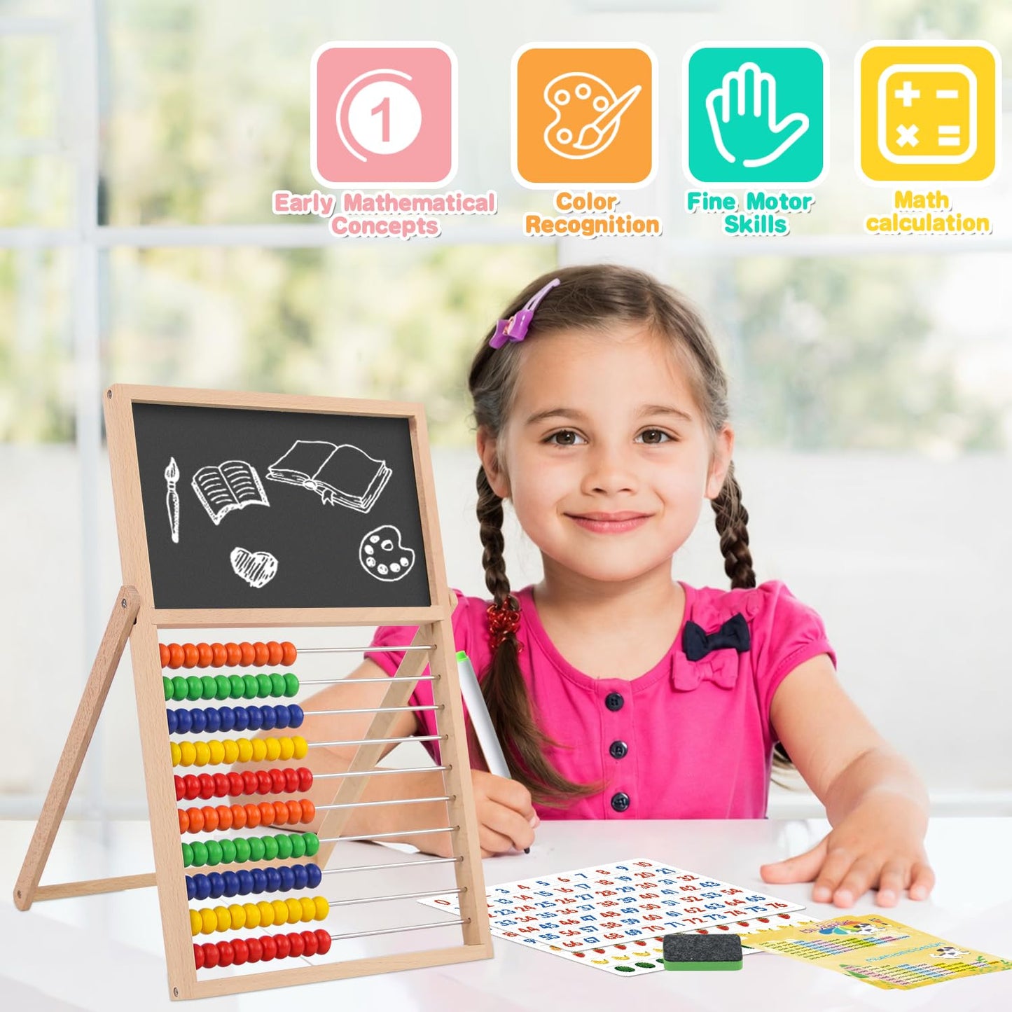 Wooden Abacus for Kids Math Games for Kids 3-5 4 5-7 6-8 Counters Toys with Double-Sided Whiteboard Blackboard and Magnetic Number Cards 1-100 Educational Counting Math Manipulatives 1st 2nd grade