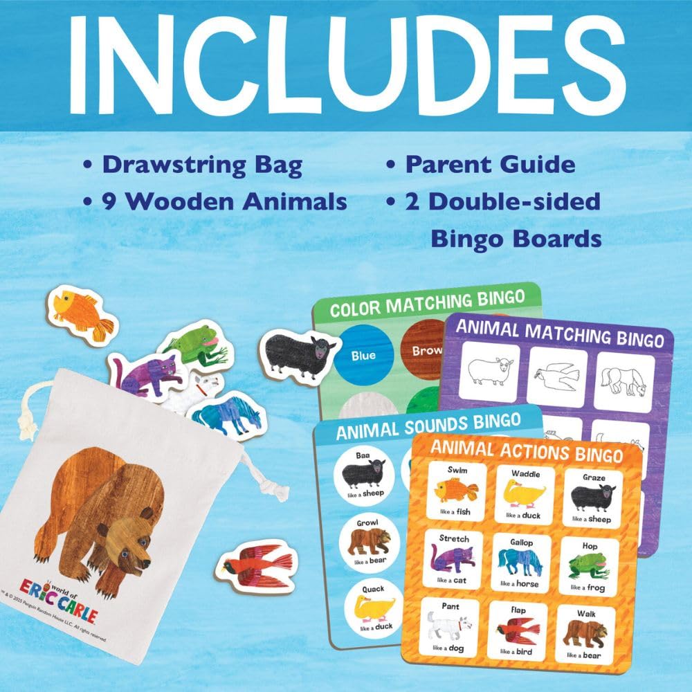 World of Eric Carle: Animal Bingo Game – Wooden Toddler Bingo Set Featuring Brown Bear – Learn Animal Sounds, Movements, Colors & Matching – Preschool Game for Ages 2+