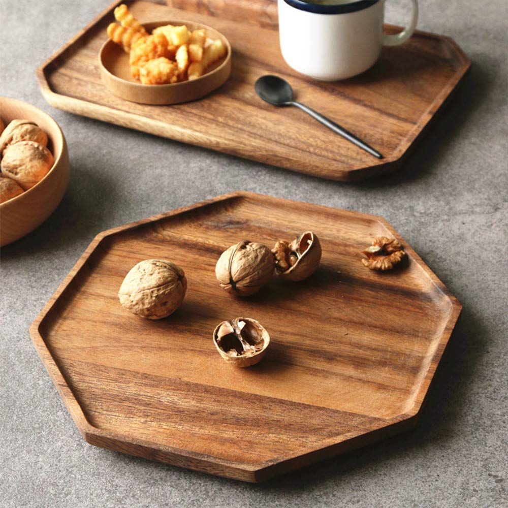 Set of 2 Acacia Wood Charcuterie Boards Round Wooden Serving Tray Fruit Platter Decor Trays Serving Ware Food Dish Serving Platters Christmas Cheese Board Square Party Trays Plate Hosting Essentials