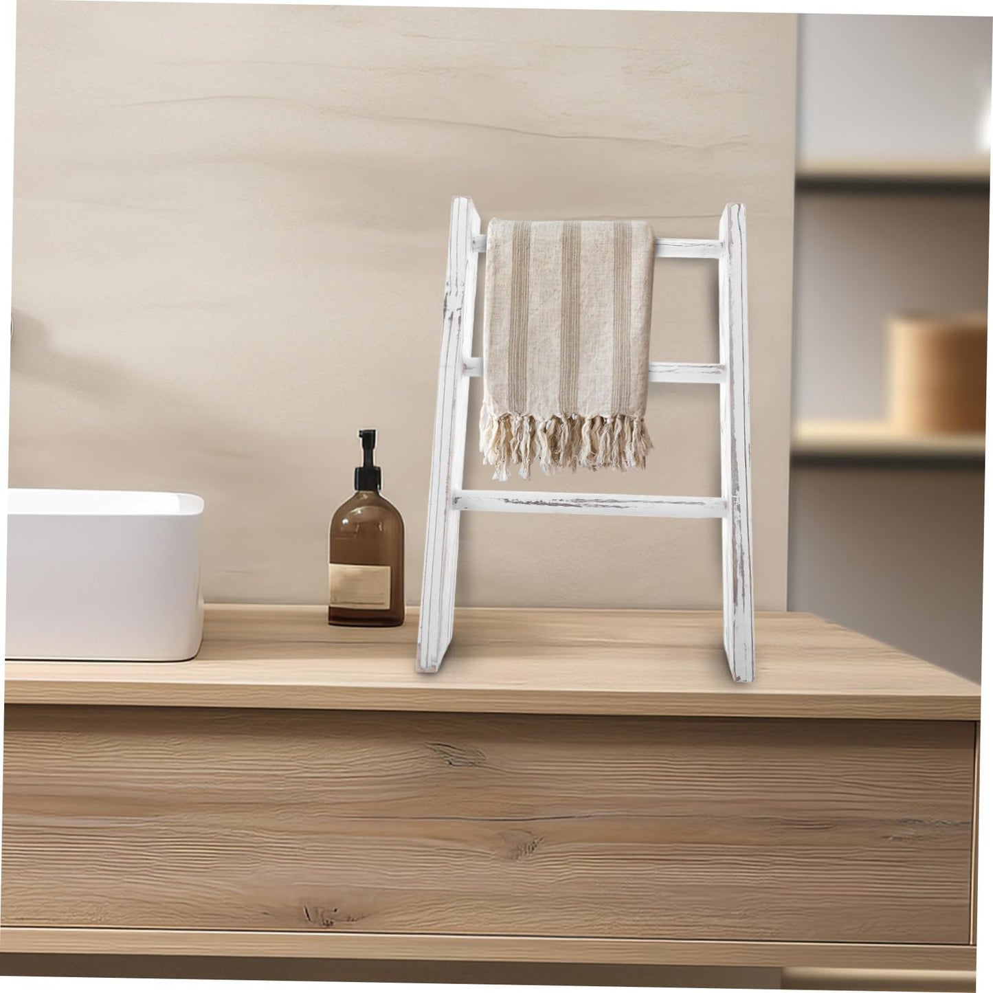 BEBEMOKO Mini Ladder Towel Rack for Bathroom Farmhouse Decor Small Space Saving Tea Towel Holder Multifunctional Display Rack White Decorative Ladder for Wall