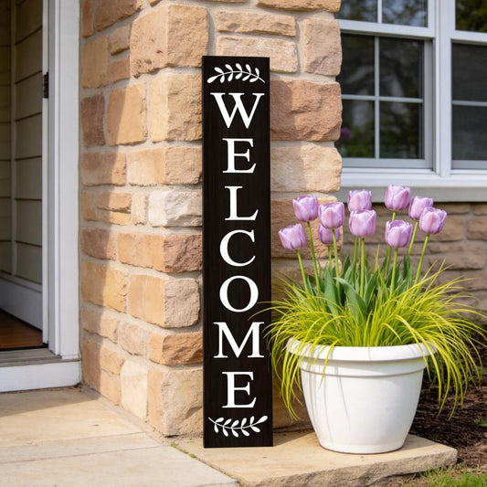 Welcome Sign for Front Porch, 47" Large Wooden Welcome to Our Home Sign Door Hanging Standing Plaque, Farmhouse Vertical Outdoor Porch Decorations for Yard Patio Entrance, Black